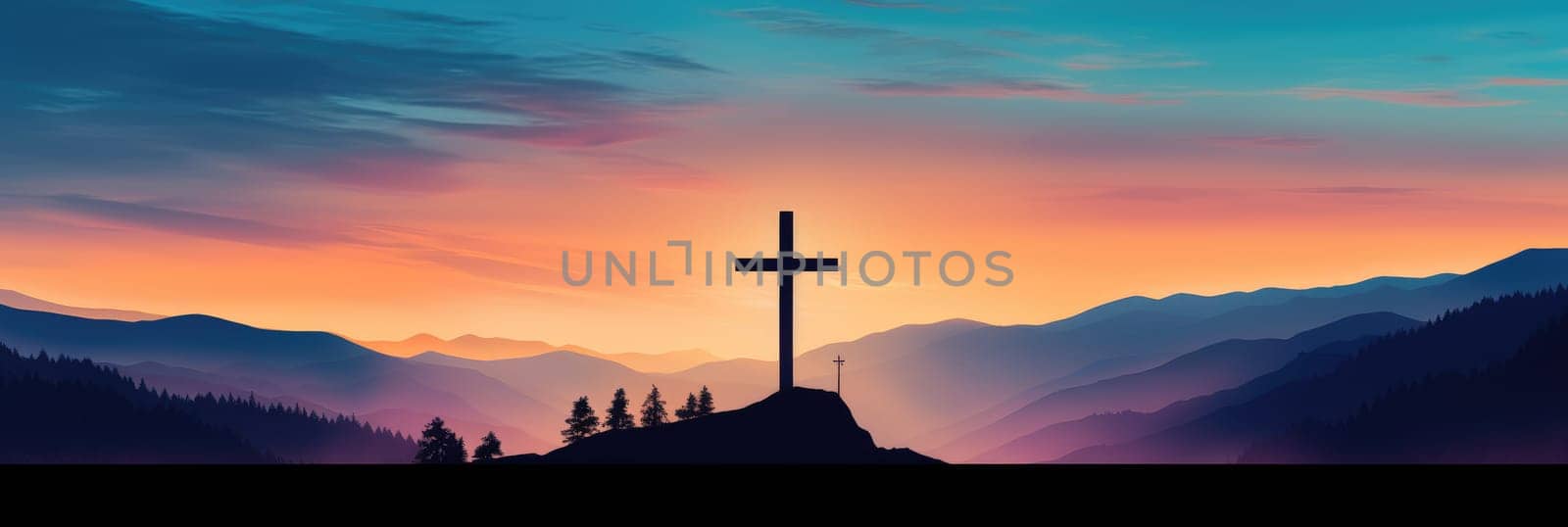 Silhouette of a cross on a hill in a mountain landscape at sunset. Generative AI