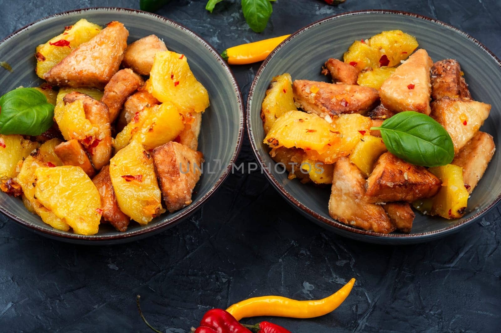 Tasty salad or tofu fried with pineapple. Traditional chinese dish