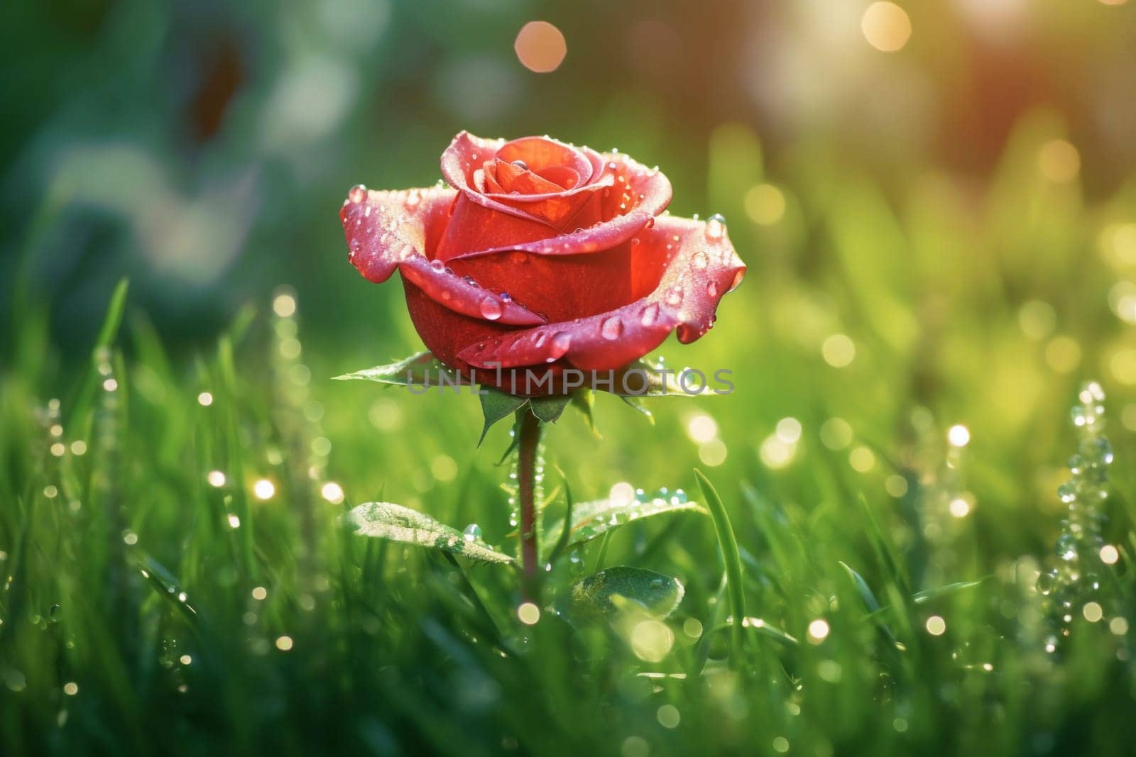Red rose growing in the green grass and water drops, generative ai