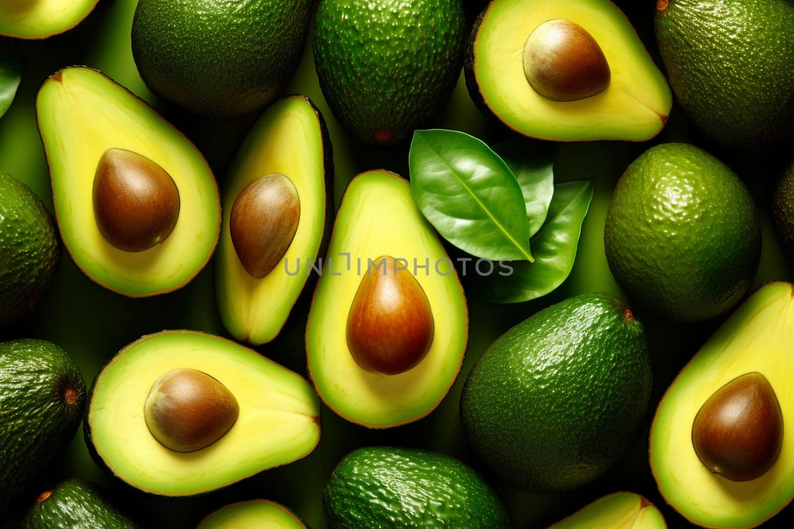 Avocado fruit lying in a group, top view, generative ai