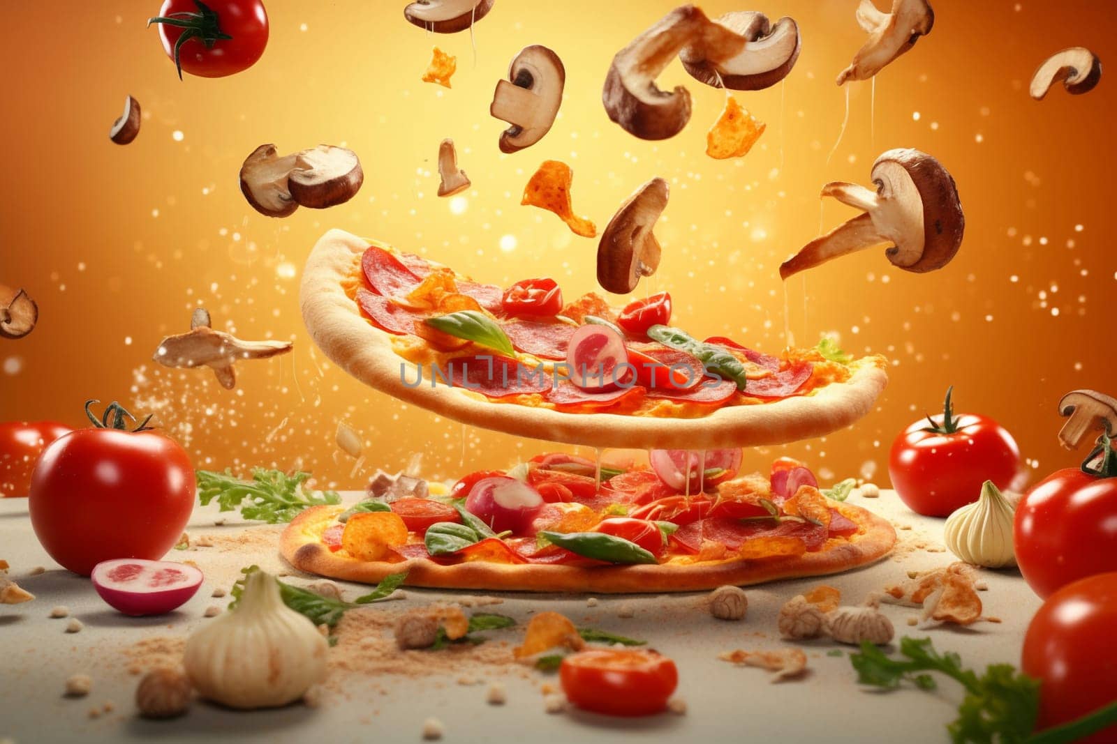 Pizza ingredients flying above the pizza on the kitchen table, generative ai