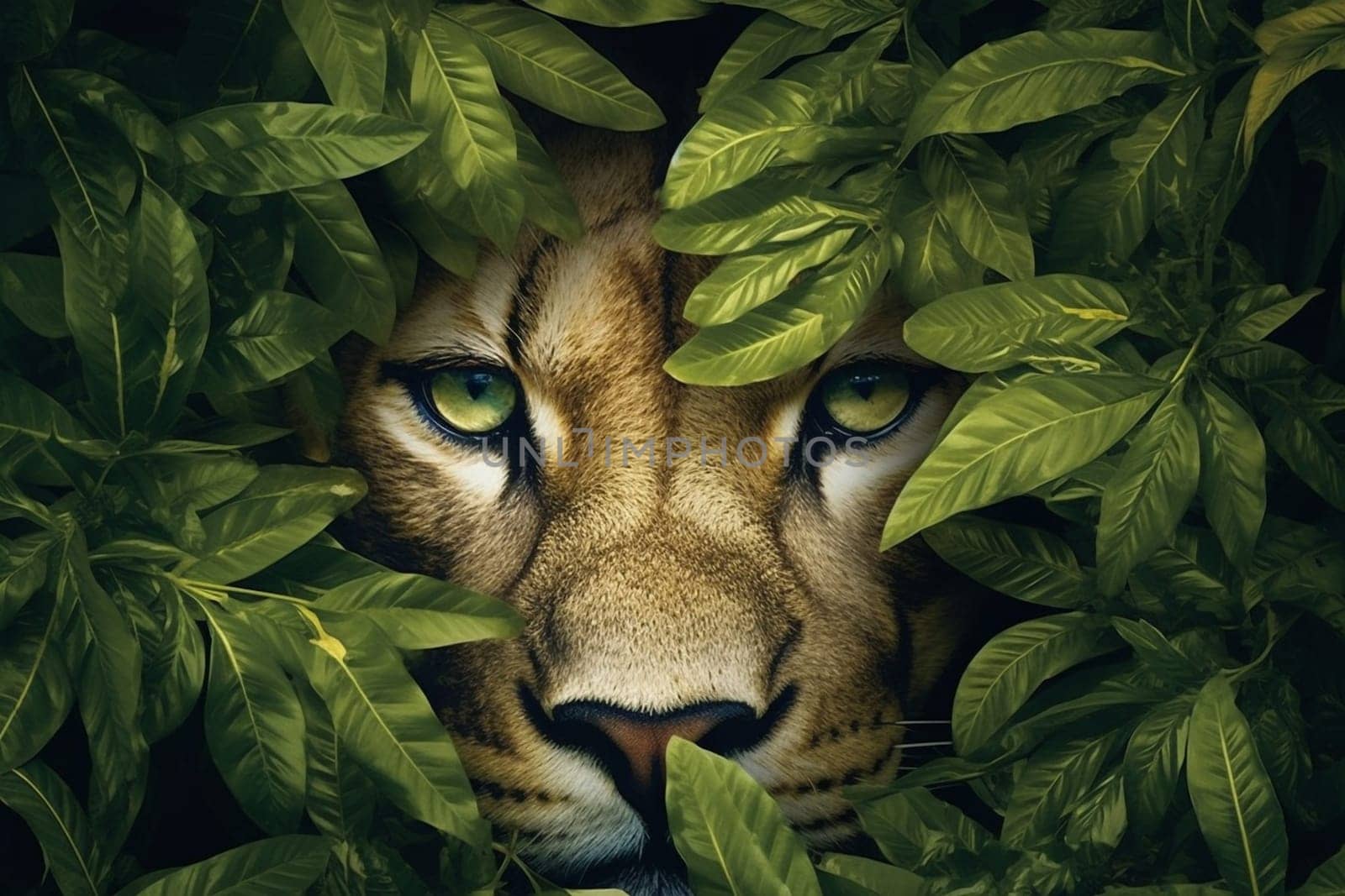 Puma head hidden in green leaves, generative ai