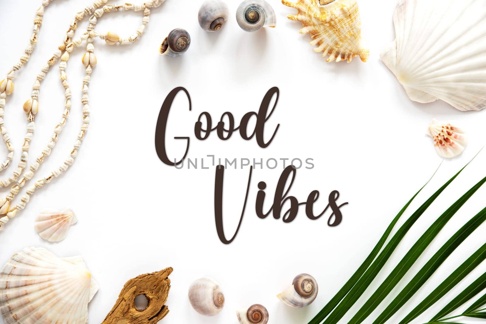 White Summer Flat Lay, Top View, Decorated With Shells and Plants, With English Text Good Vibes
