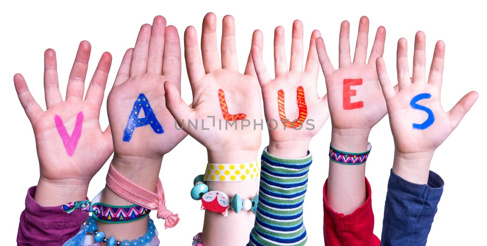 Children Hands Building Colorful English Word Values. White Isolated Background