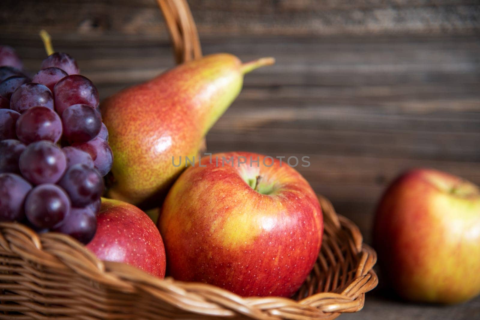A Basket With Apples, Pearls, Grapes, Rustic and Autumnal Atmosphere, Thanksgiving Background