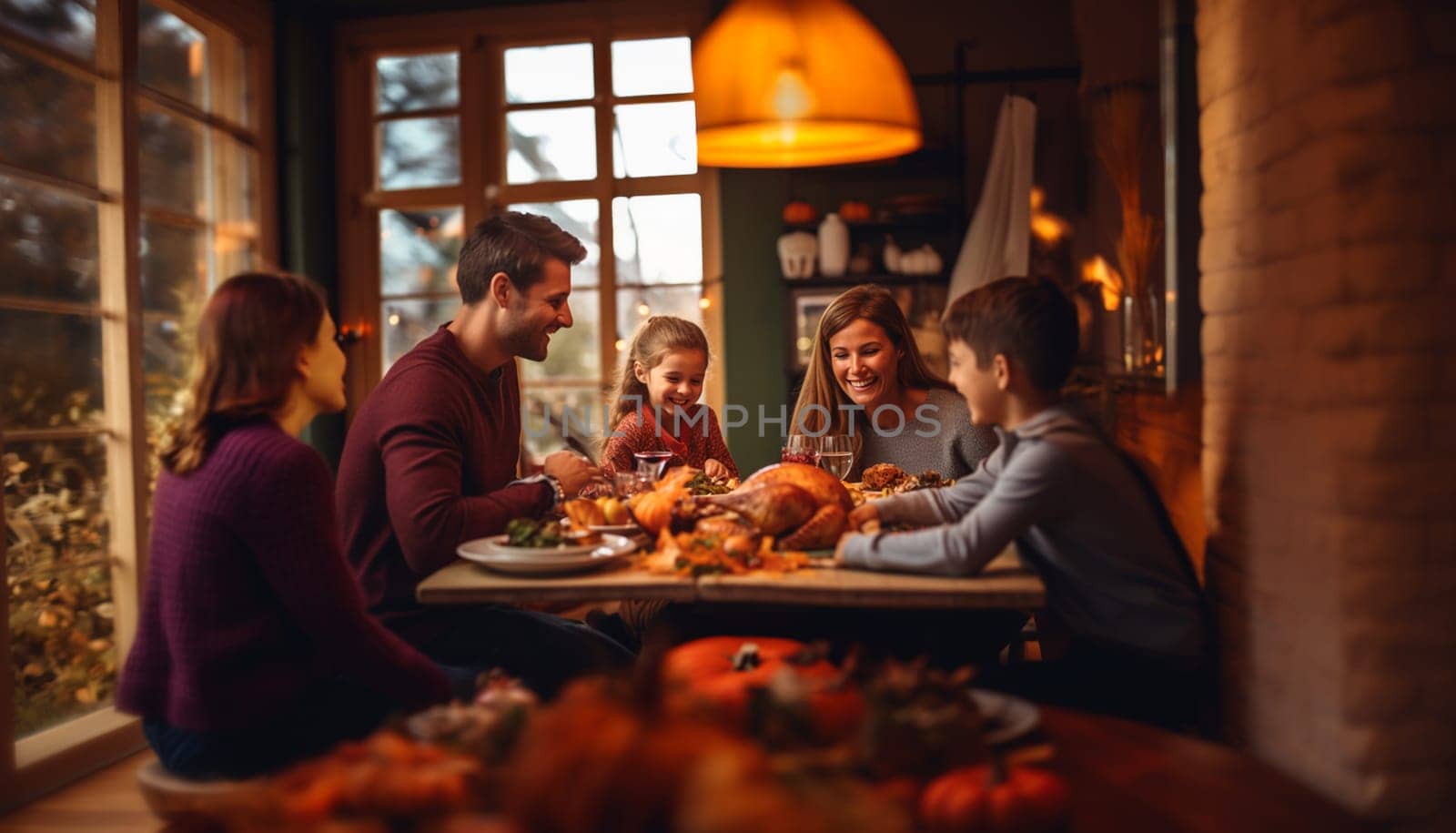 Full big happy smiling family having Thanksgiving celebration dining together at living room served table at home, evening. Five people gather for traditional holiday celebrating with roasted turkey