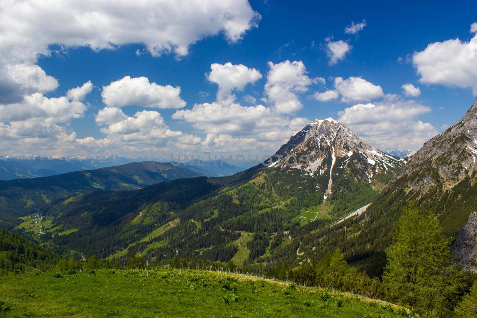 Panorama of massive Alpine mountains -  the Austrian Alps of the Dachstein region (Styria in Austria)