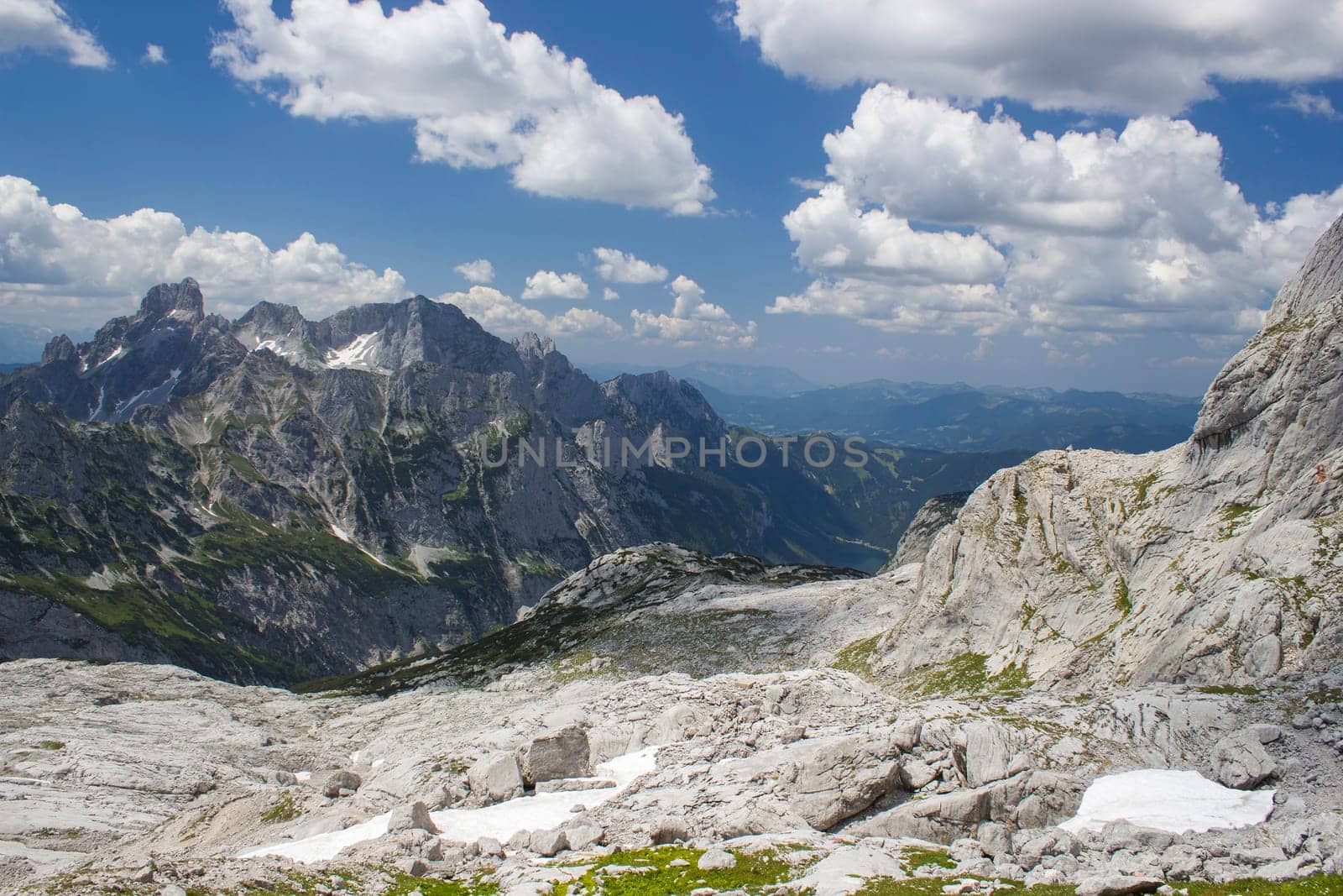 Panorama of massive Alpine mountains. Landscape in the Austrian Alps of the Dachstein region (Styria in Austria) - view from Dachstein