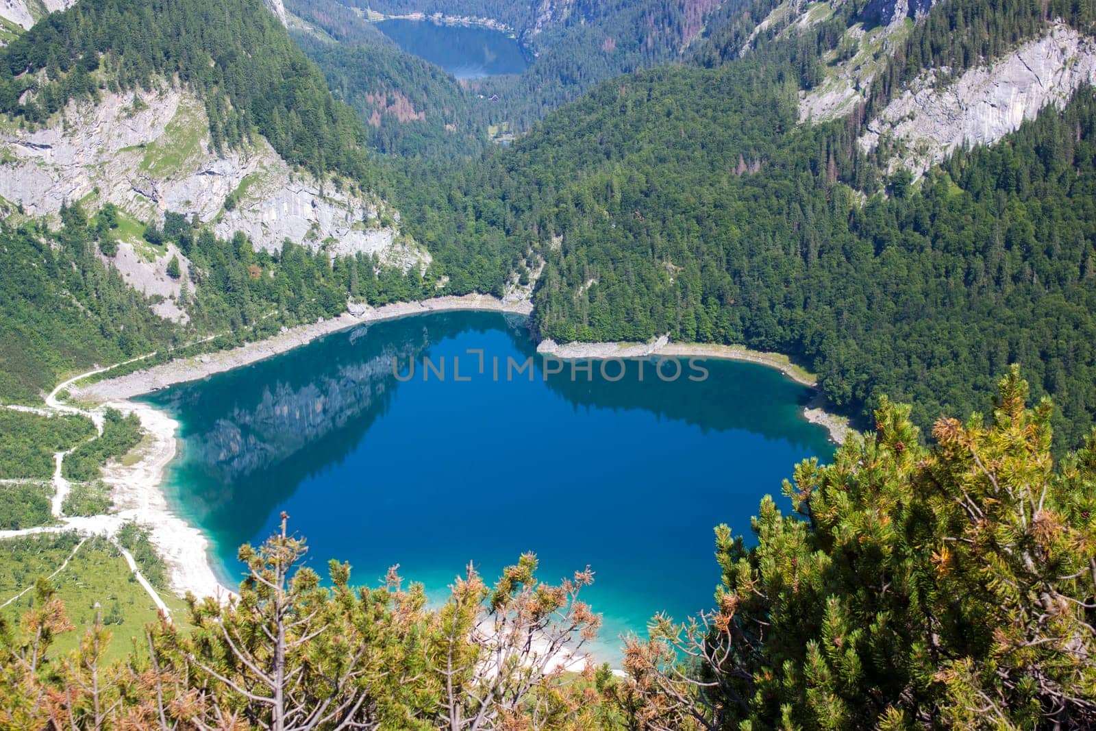 Panoramic aerial view of Gosau Lake in the Austrian Alps of the Dachstein region (Styria in Austria)