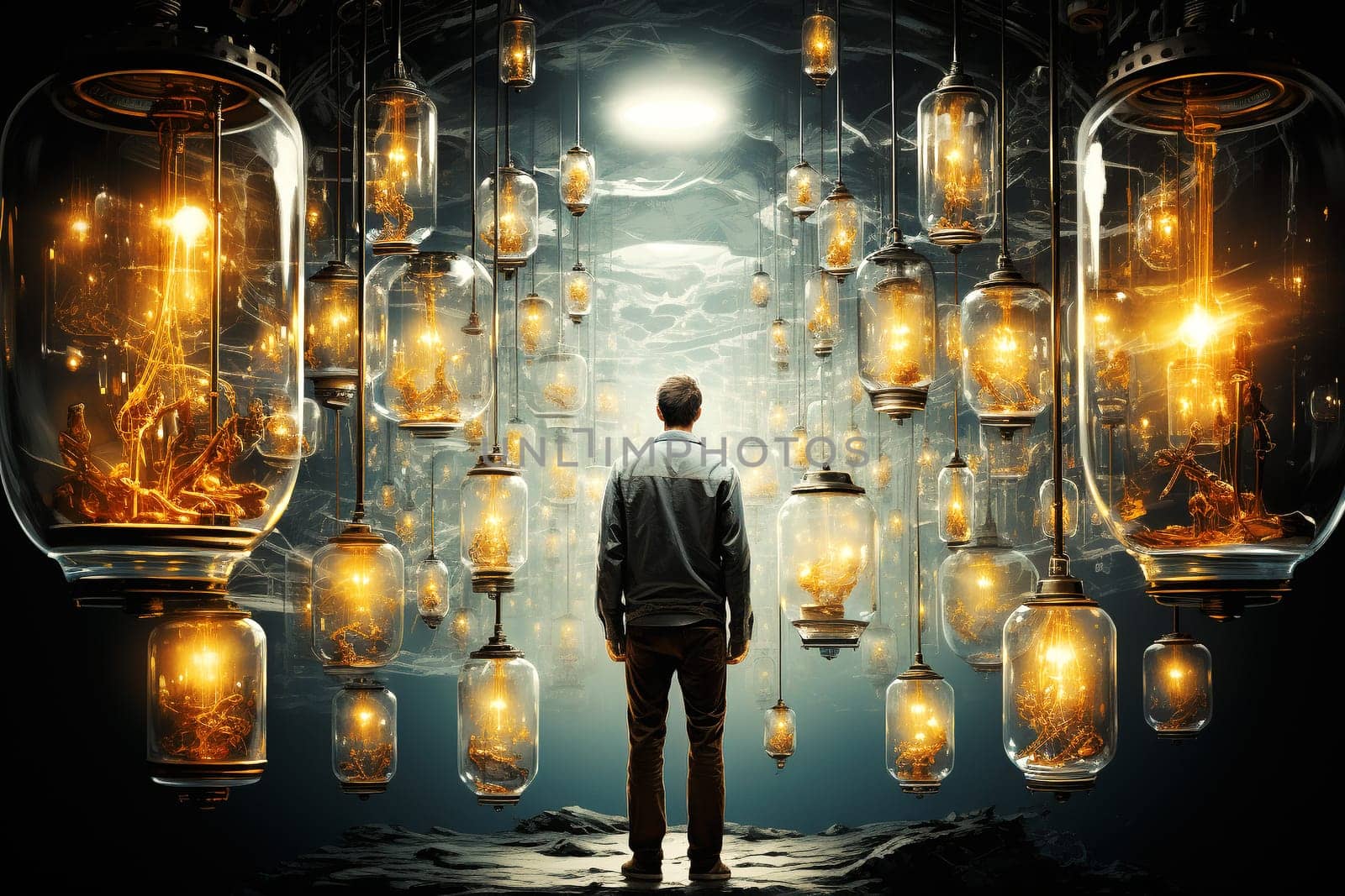 Man stands in a room with many light bulbs, explosion of ideas, brainstorming for solutions, smart brain, open mind for new direction, generative AI