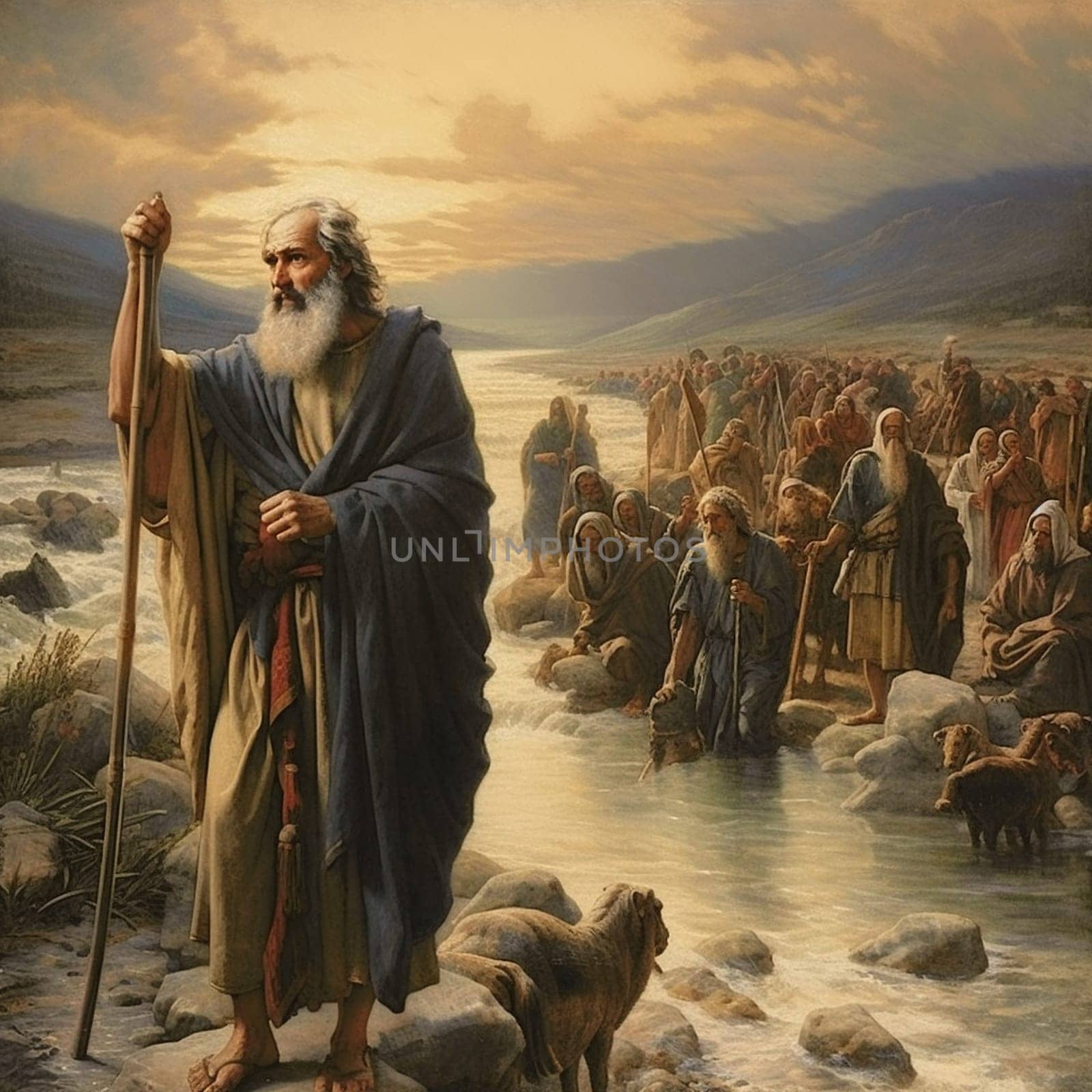 Exodus of the bible, Moses crossing the Red Sea with the Israelites, escape from the Egyptians, illustration, generative AI