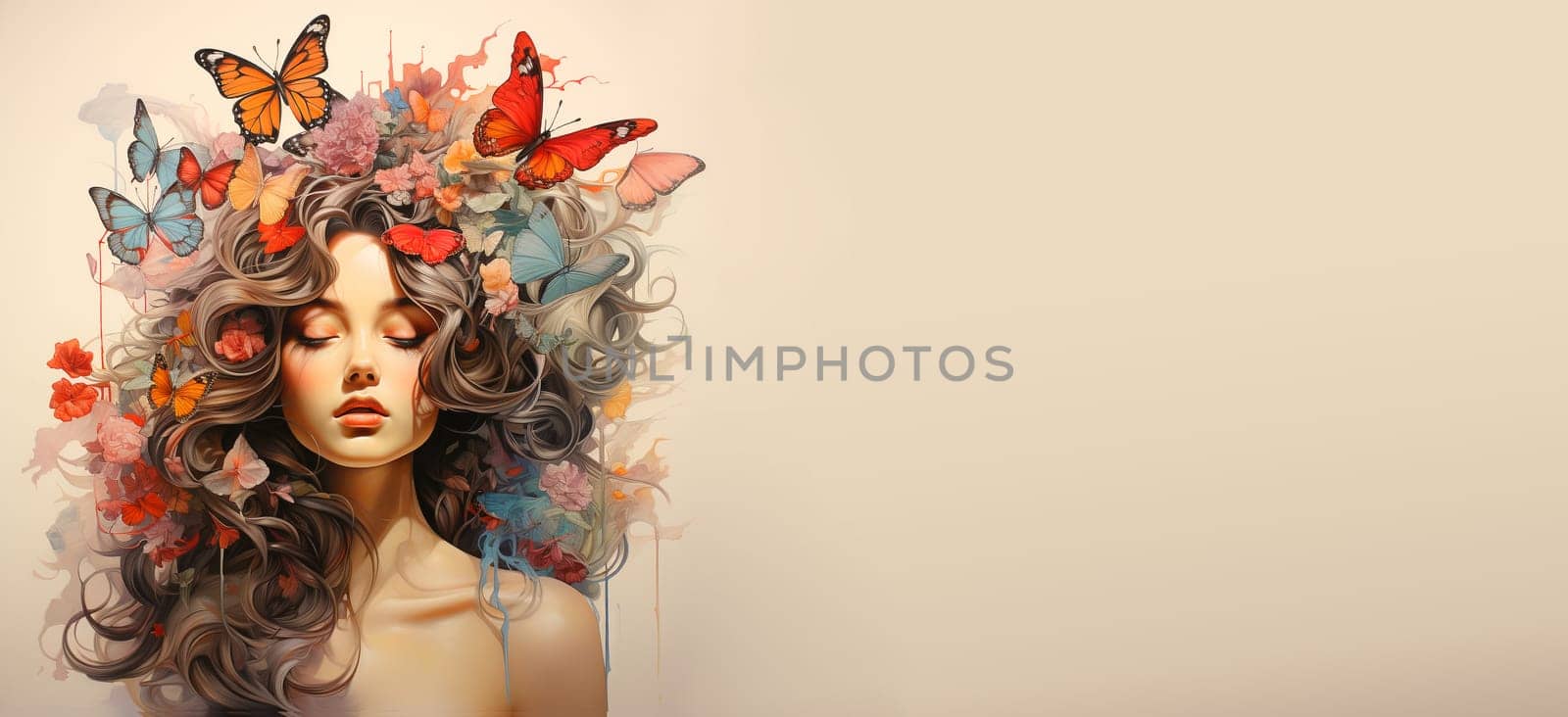 Woman brain with flowers and birds, self esteem and mental health care concept, positive thinking, creative mind, generative AI