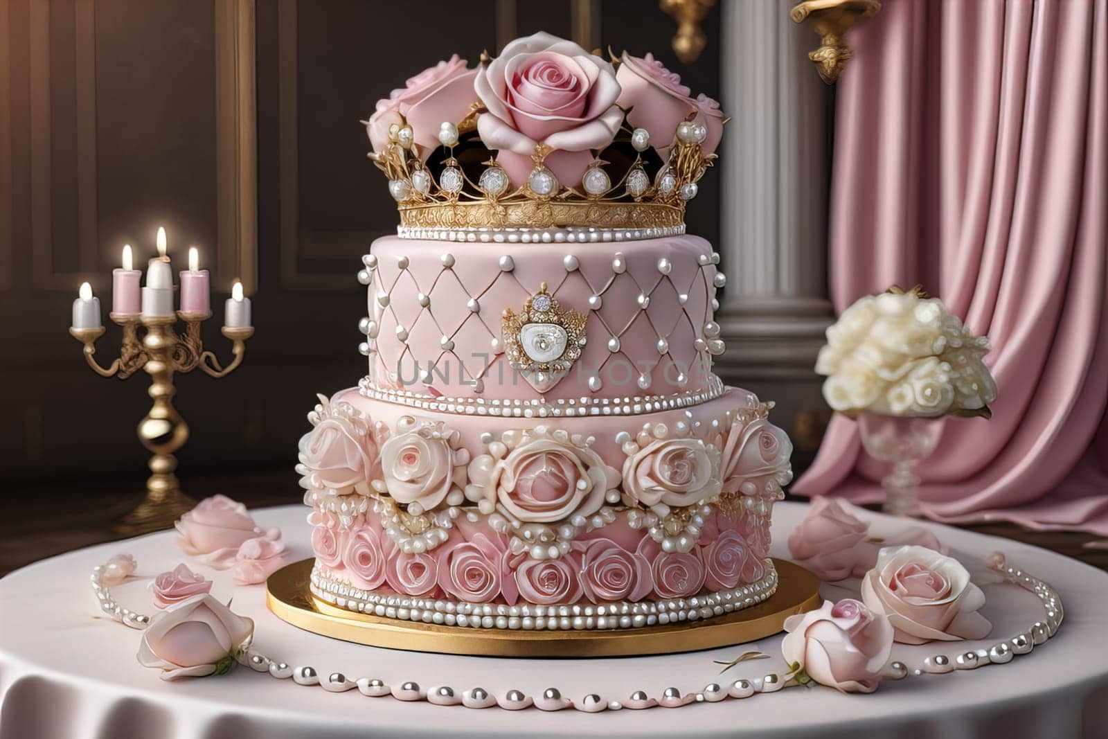 Wedding cake decorated with pink roses and gold crown on the table. ai generative