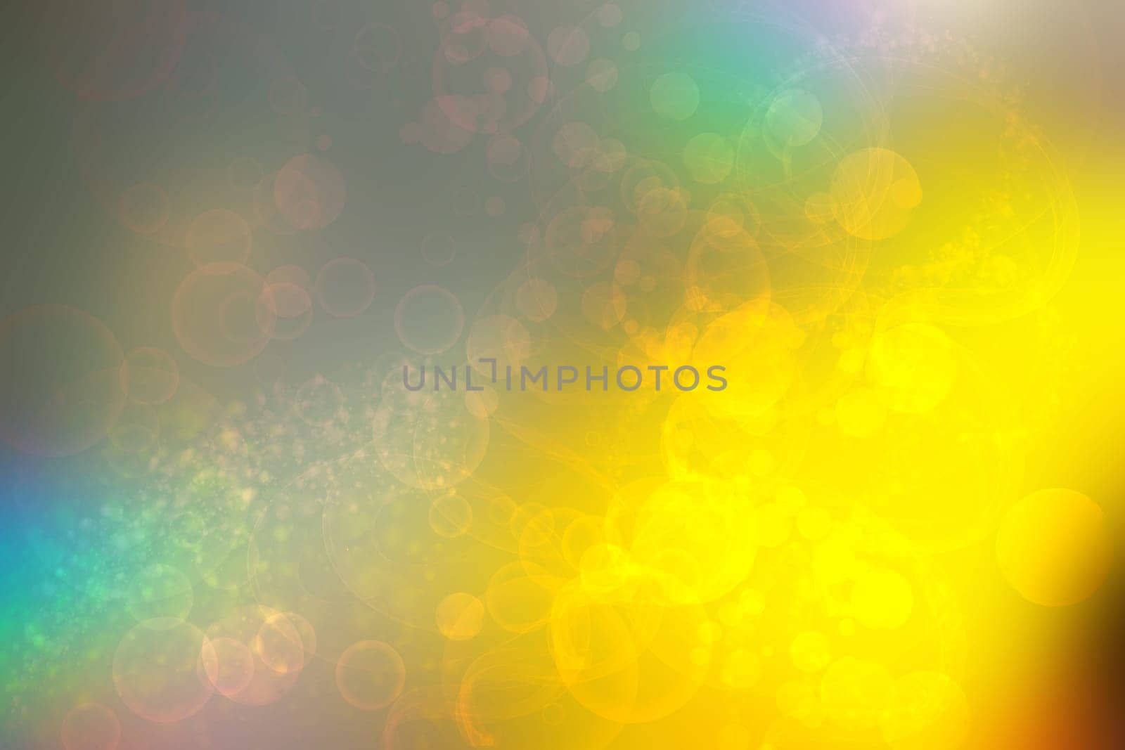 Abstract bright spring or summer landscape texture with natural green bokeh lights and yellow circular lights with sunshine. Autumn or summer background with copy space. Beautiful backdrop.