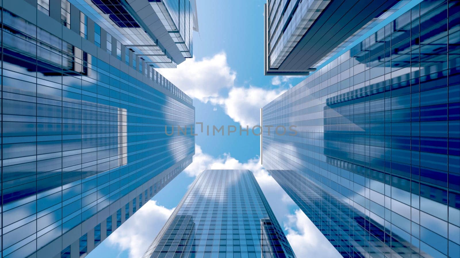 Clouds on blue sky passing over skyscrapers business buildings in the morning