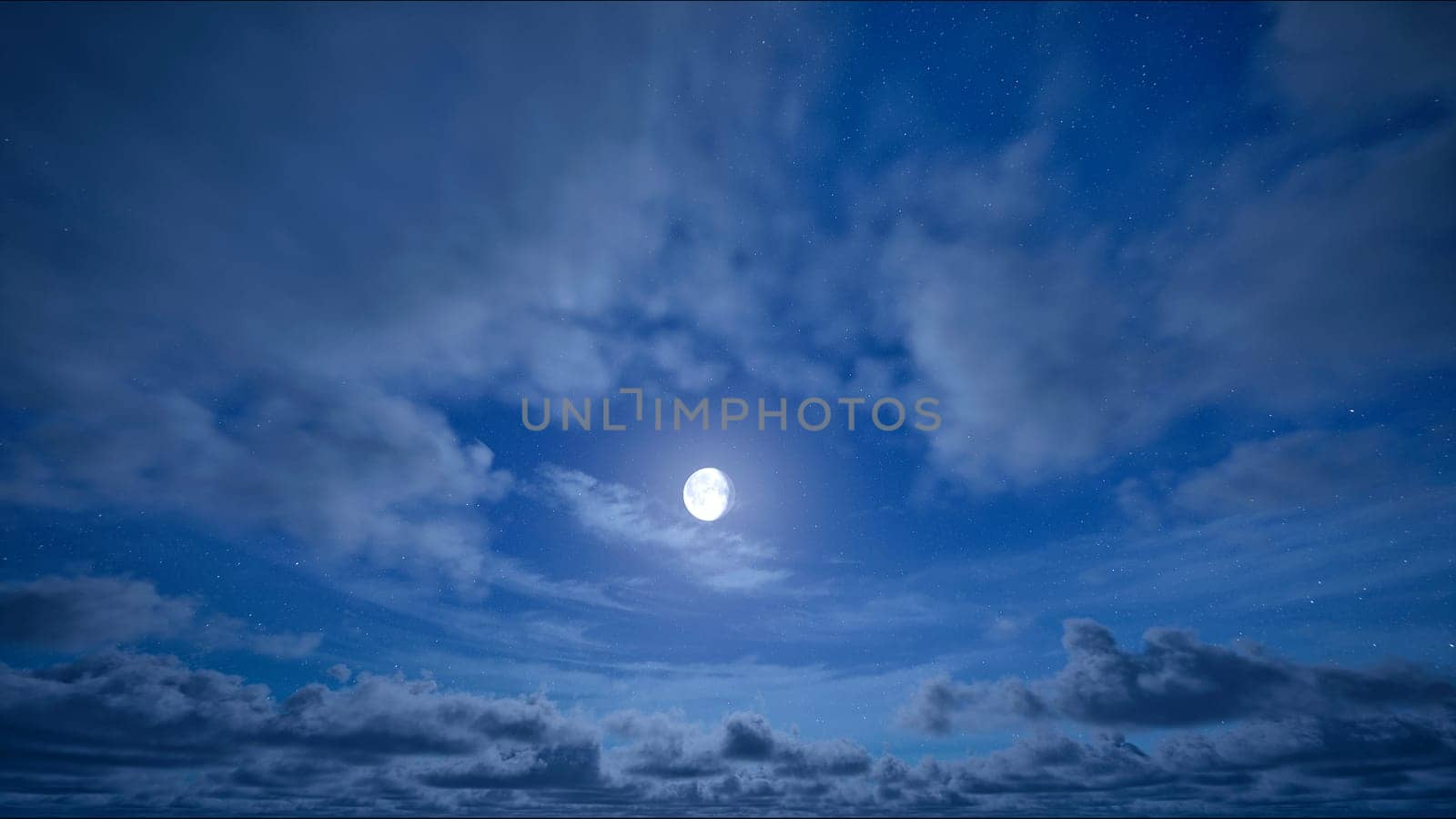 Full moon night and starry blue sky with moving clouds. The moon on cloudy sky. Christmas night background. Beautiful cloudscape