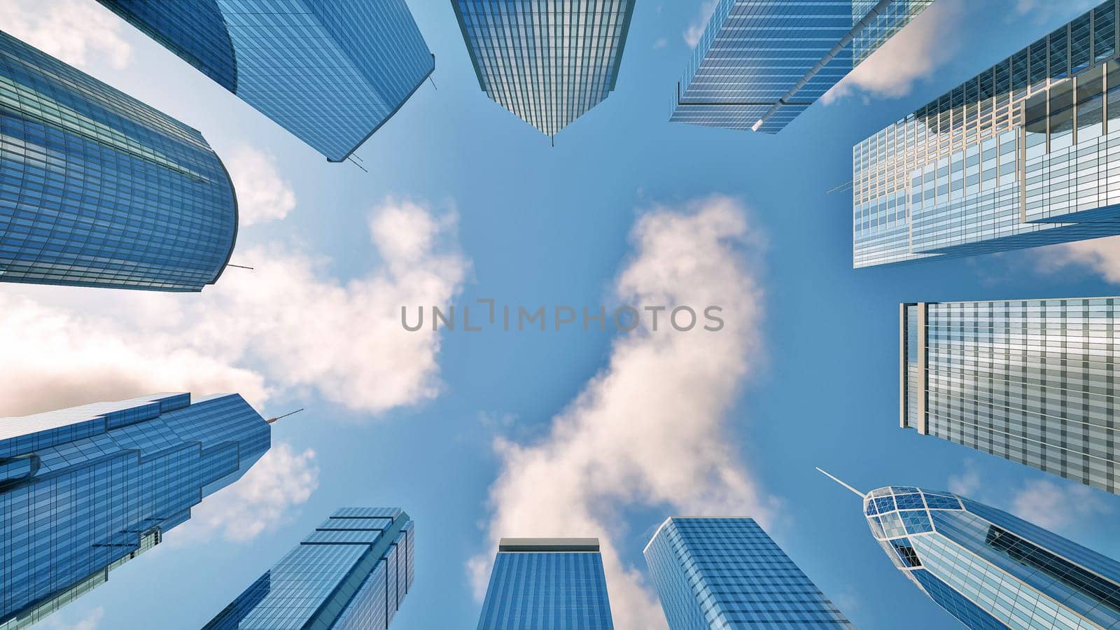 Clouds on blue sky passing over skyscrapers business buildings in the morning
