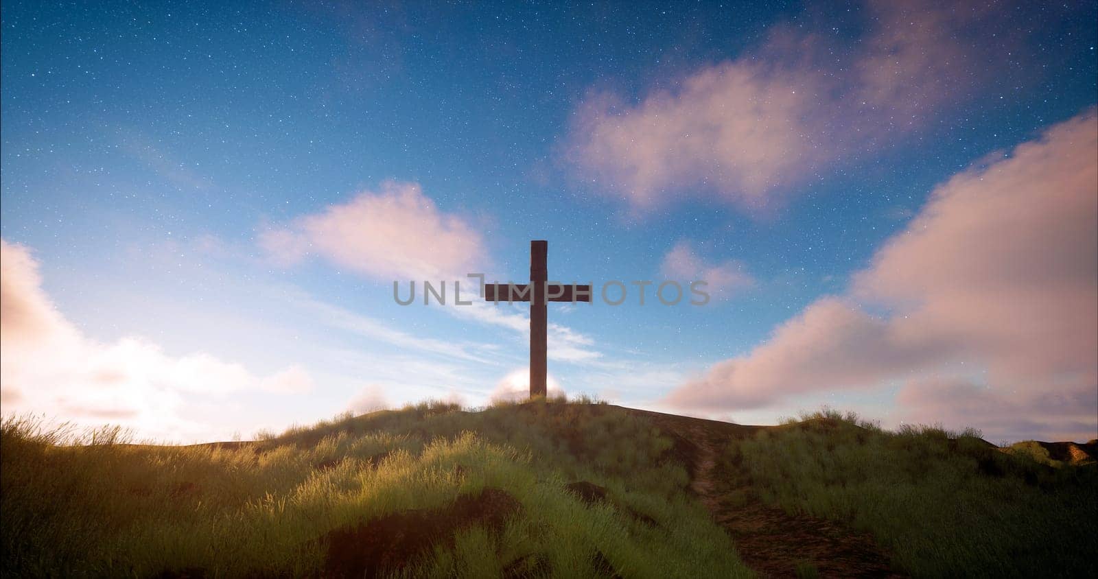 One cross on the hill with clouds moving on blue starry sky. Easter, resurrection, new life, redemption concept.