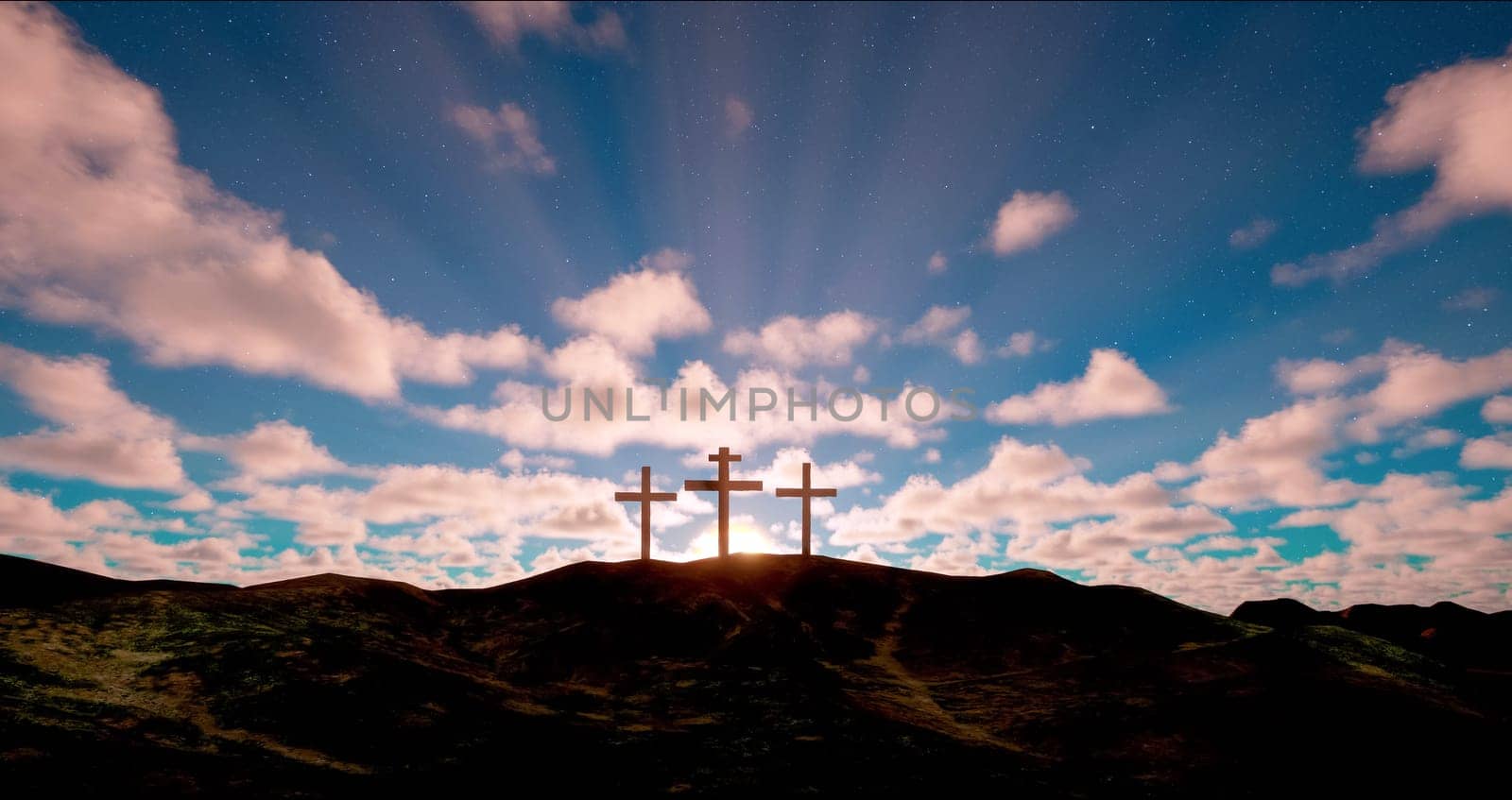 Three crosses on the hill with clouds moving on blue starry sky. Easter, resurrection, new life, redemption concept.
