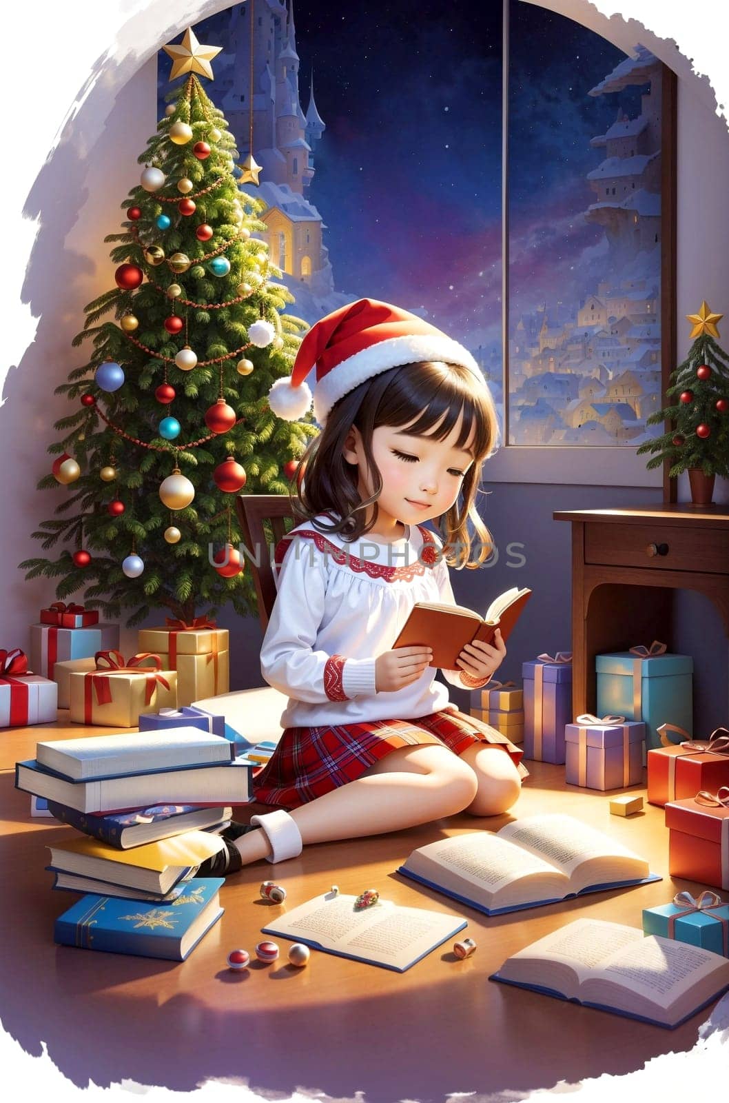 A little girl sits on the floor and reads books against the backdrop of a Christmas tree. She is wearing a Santa Claus hat on her head. Reading a book on Christmas night. AI illustration.