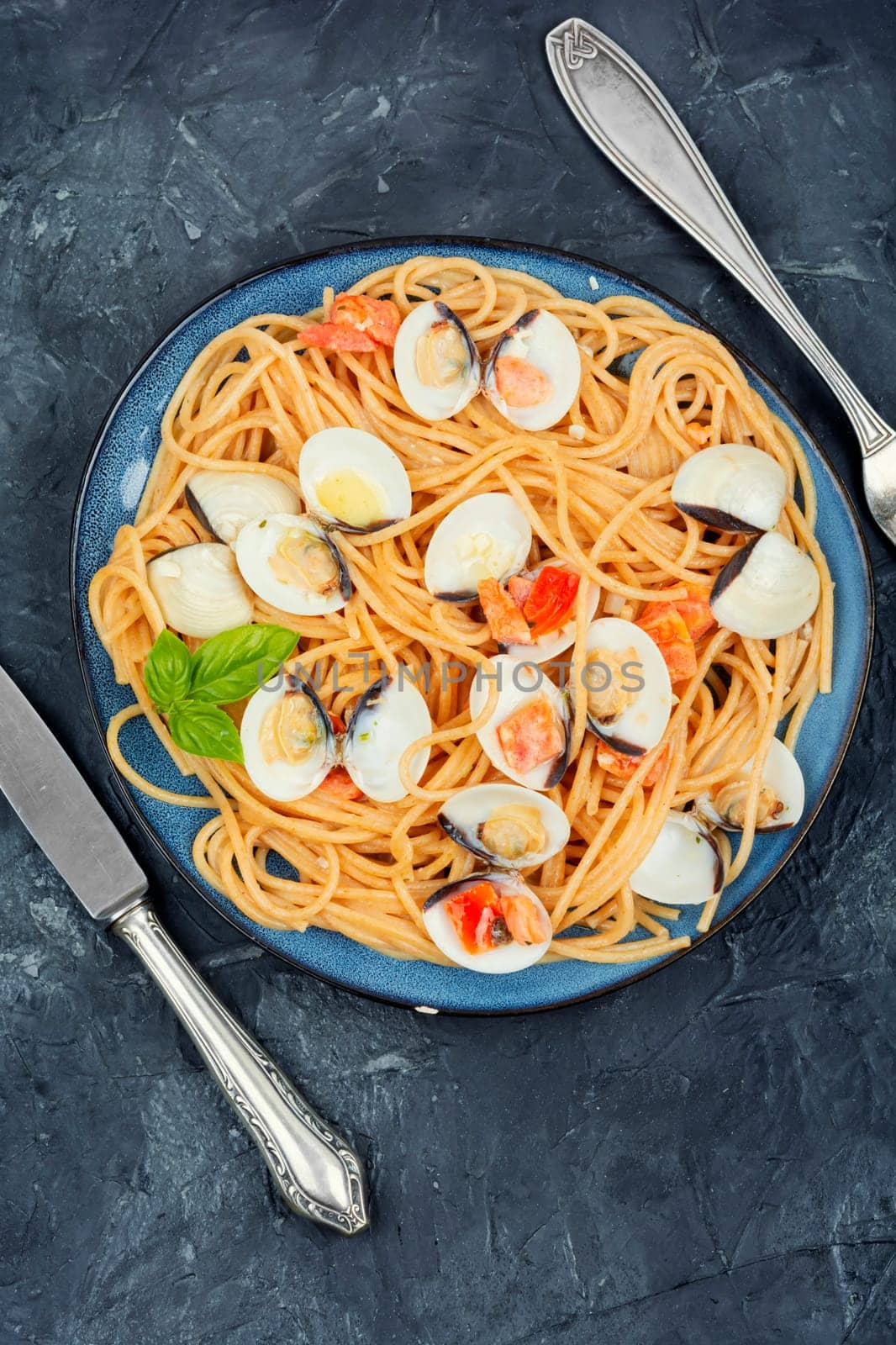 Seafood pasta with clams vongole and spaghetti