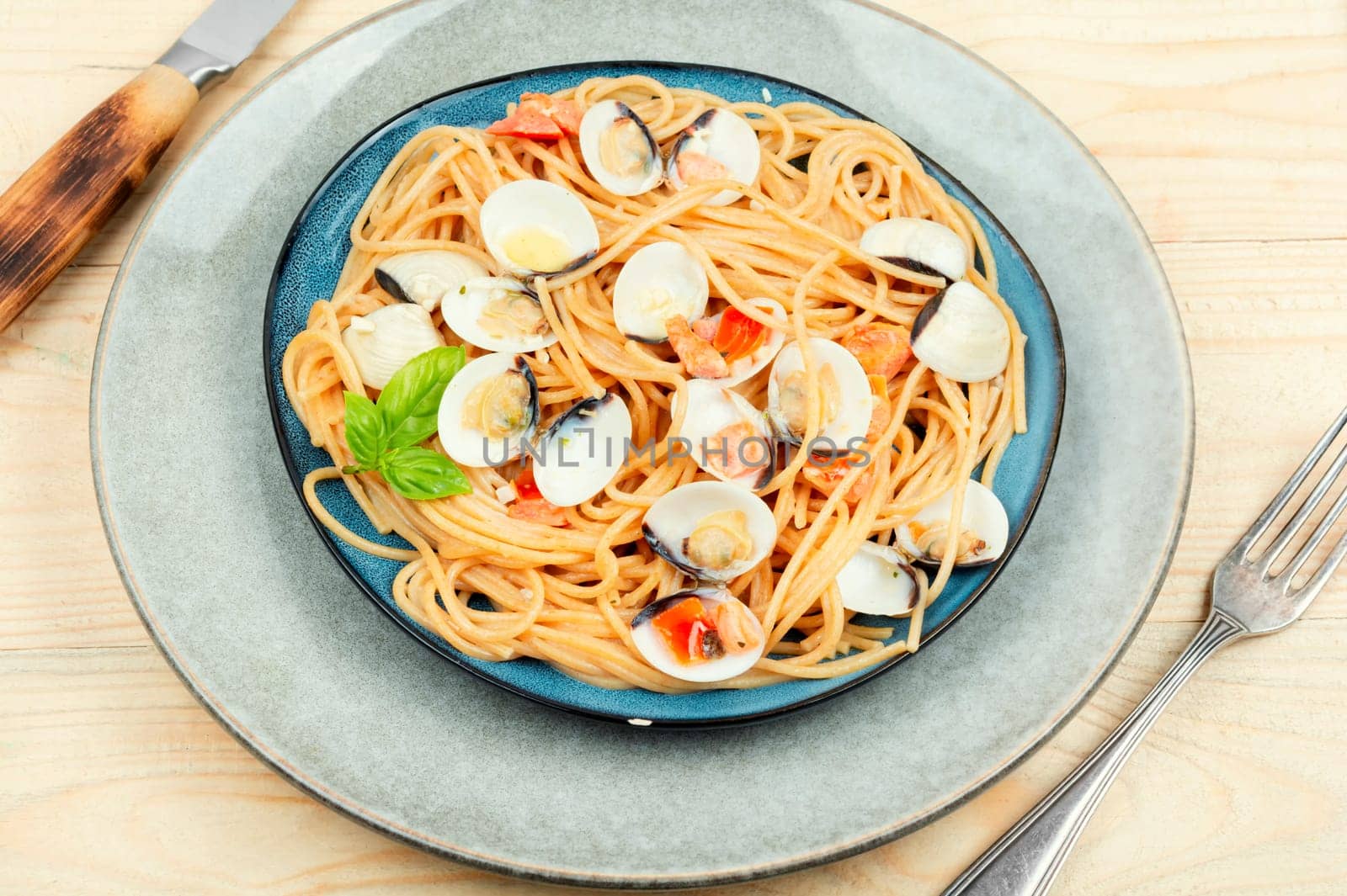 Seafood pasta with clams vongole and spaghetti