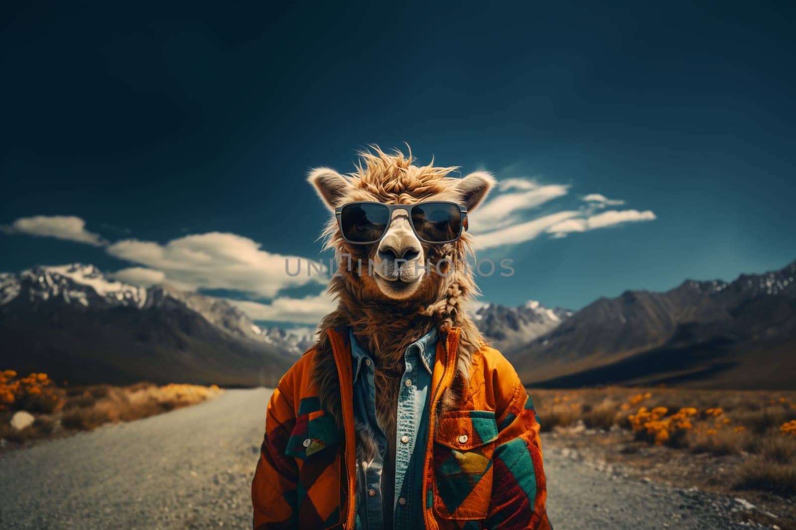 Alpaca with sunglasses and jacket on a road in the mountains, travel and wanderlust concept, surreal animal character in south america, generative AI
