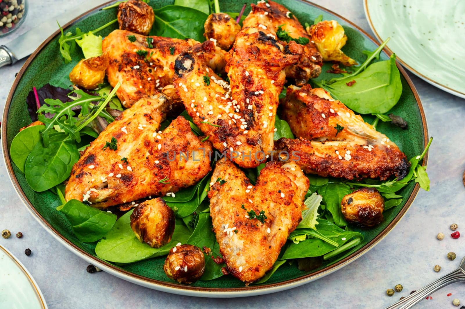 Baked chicken wings with sesame seeds. Chicken meat, space for text
