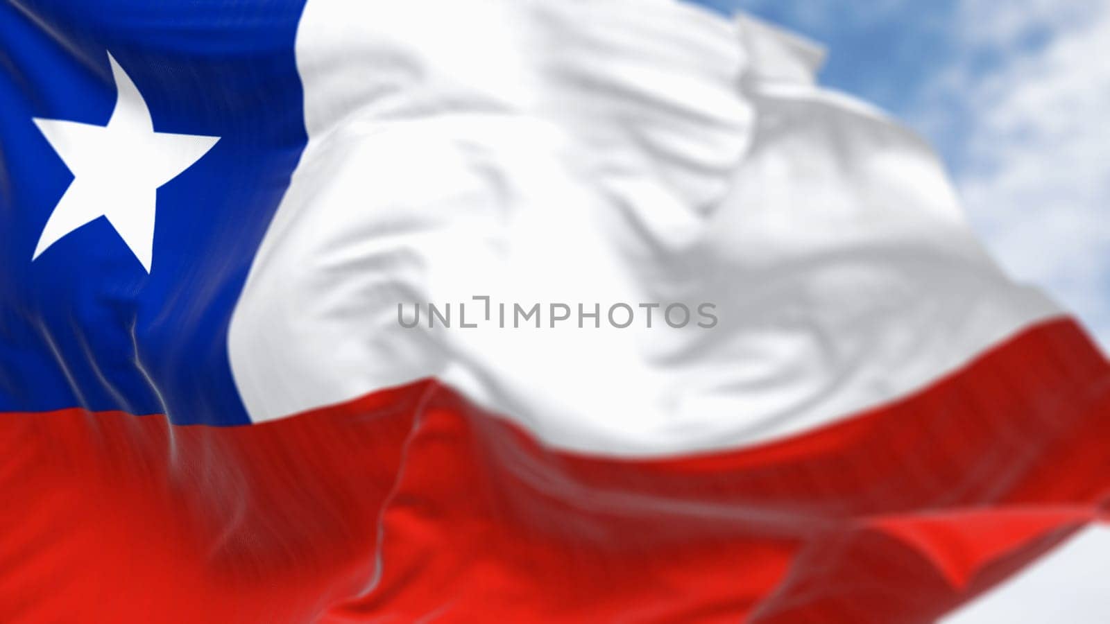 Close-up of Chile national flag waving. The Chilean flag is red and white with a blue square and white 5-pointed star on the white band. 3d illustration render. Fluttering fabric. Selective focus