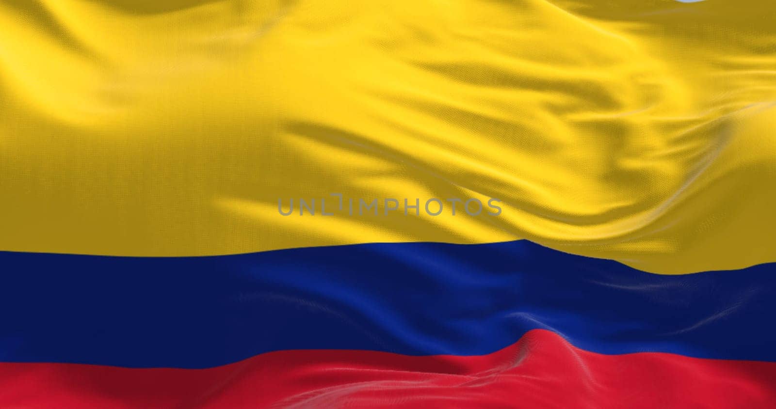 Close-up of Colombia national flag waving in the wind. Horizontal tricolor of yellow, blue, and red. Latin american country. 3d illustration render. Fluttering fabric. Textured background