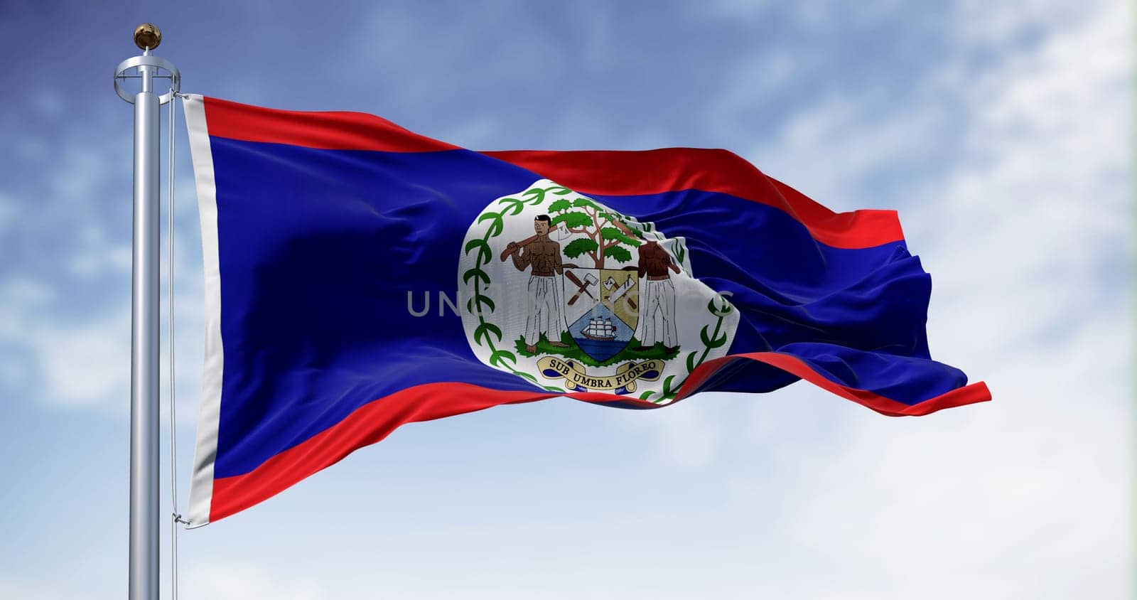 Belize national flag waving in the wind on a clear day. Blue field, red stripes top and bottom, white disk with National Coat of Arms. 3d illustration render. Fluttering fabric