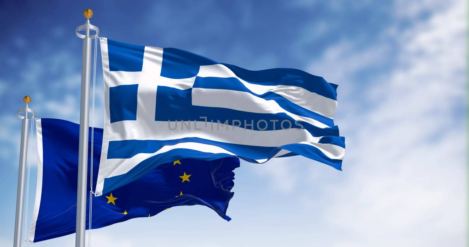 Flags of Greece and the European Union waving together on a clear day. Greece became a member of the European Union on 1981. 3d illustration render. International treaty and diplomacy