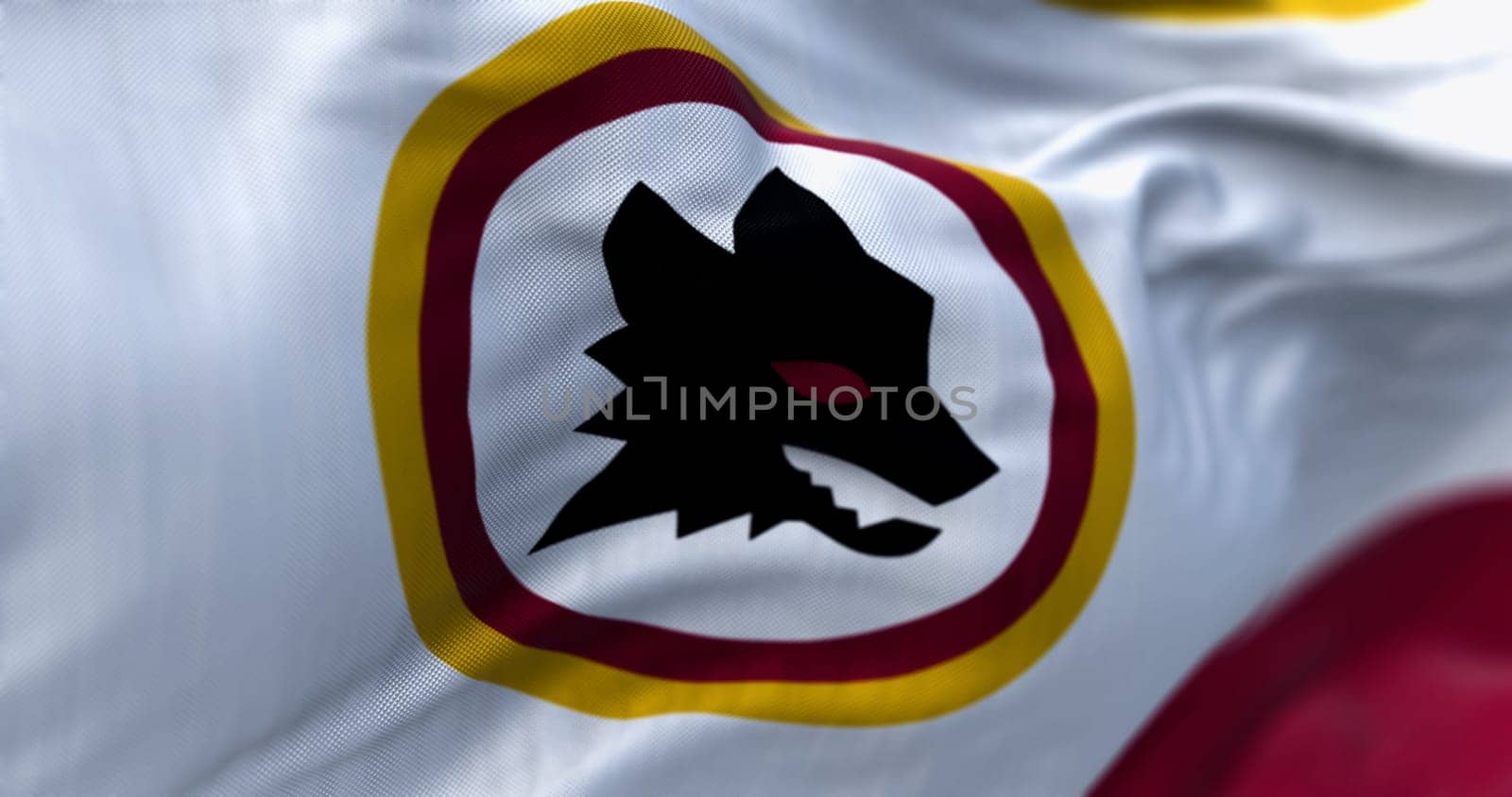 Rome, Italy, July 30 2023: AS Roma Lupetto flag waving. AS Roma is a professional football club based in Rome. Illustrative editorial 3d illustration render. Fabric textured background