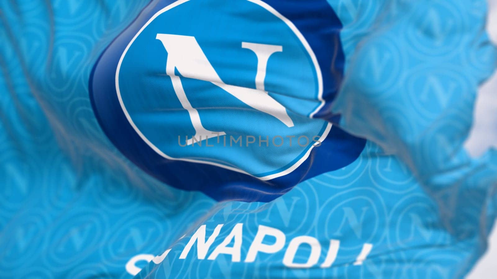 Naples, IT, March 2023: Close-up of Napoli football flag waving in the wind. Illustrative editorial 3d illustration render. Selective focus. Fluttering textile