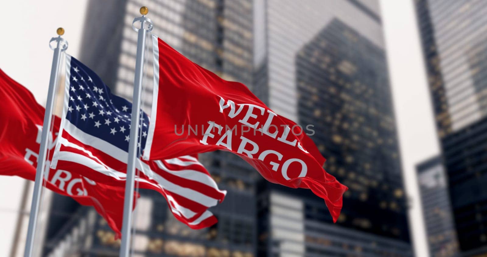 San Francisco, US, Aug. 1 2023: Wells Fargo bank and the United States flags waving in a financial district. Illustrative editorial 3d illustration. Finance and banking