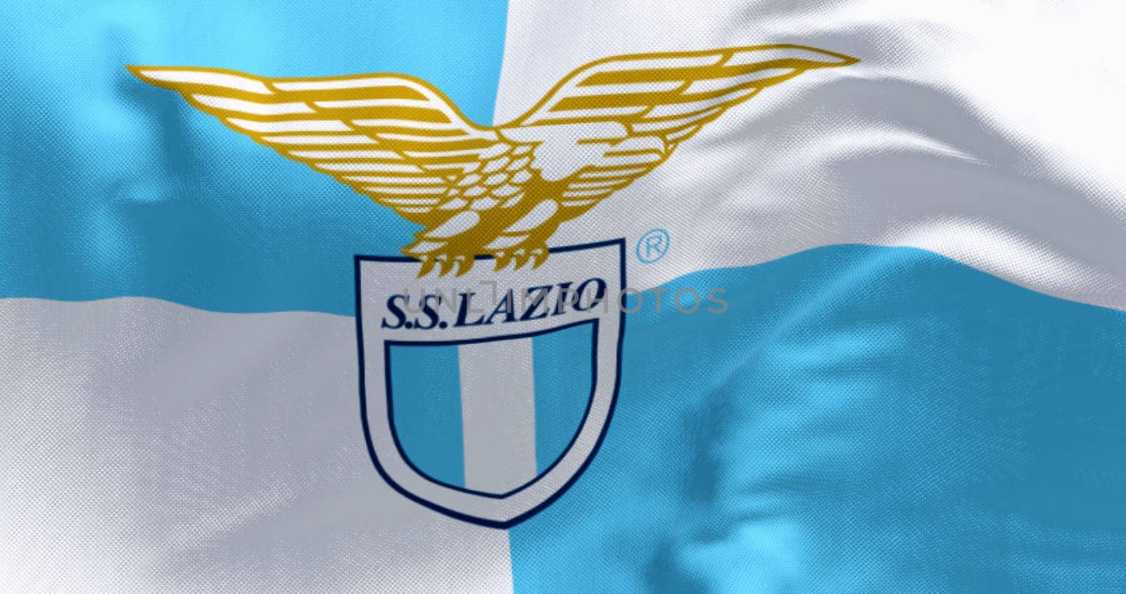 Rome, Italy, Aug. 2 2023: Close-up of SS Lazio flag waving. Professional football club based in Rome. Illustrative editorial 3d illustration render. Rippled fabric background