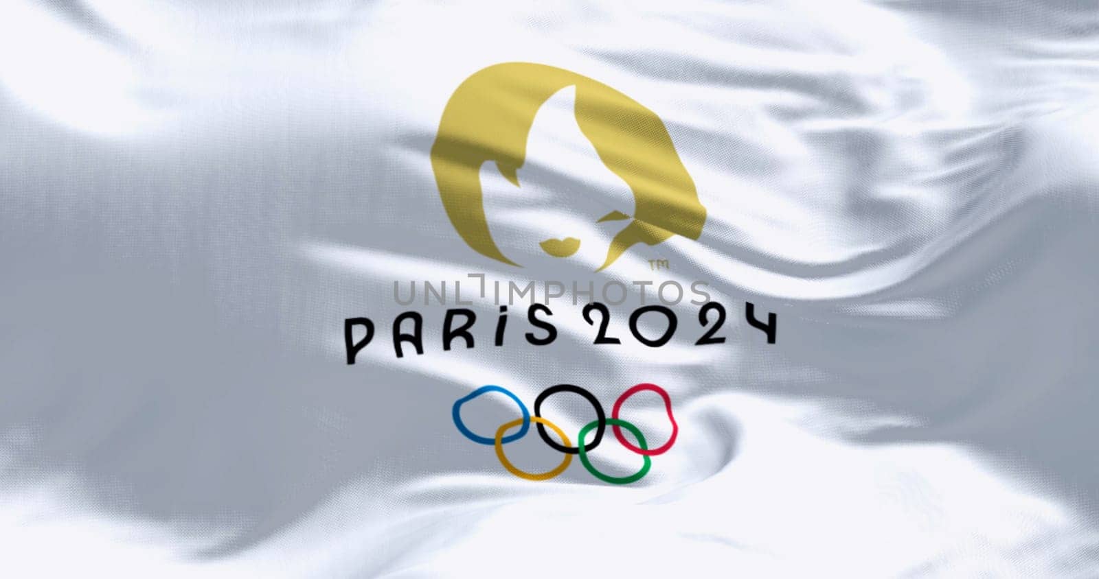 Paris, FR, May 23 2023: Close-up of Paris 2024 Olympics Games flag waving in the wind. Upcoming international sporting event. Illustrative editorial 3d illustration render. Textured background