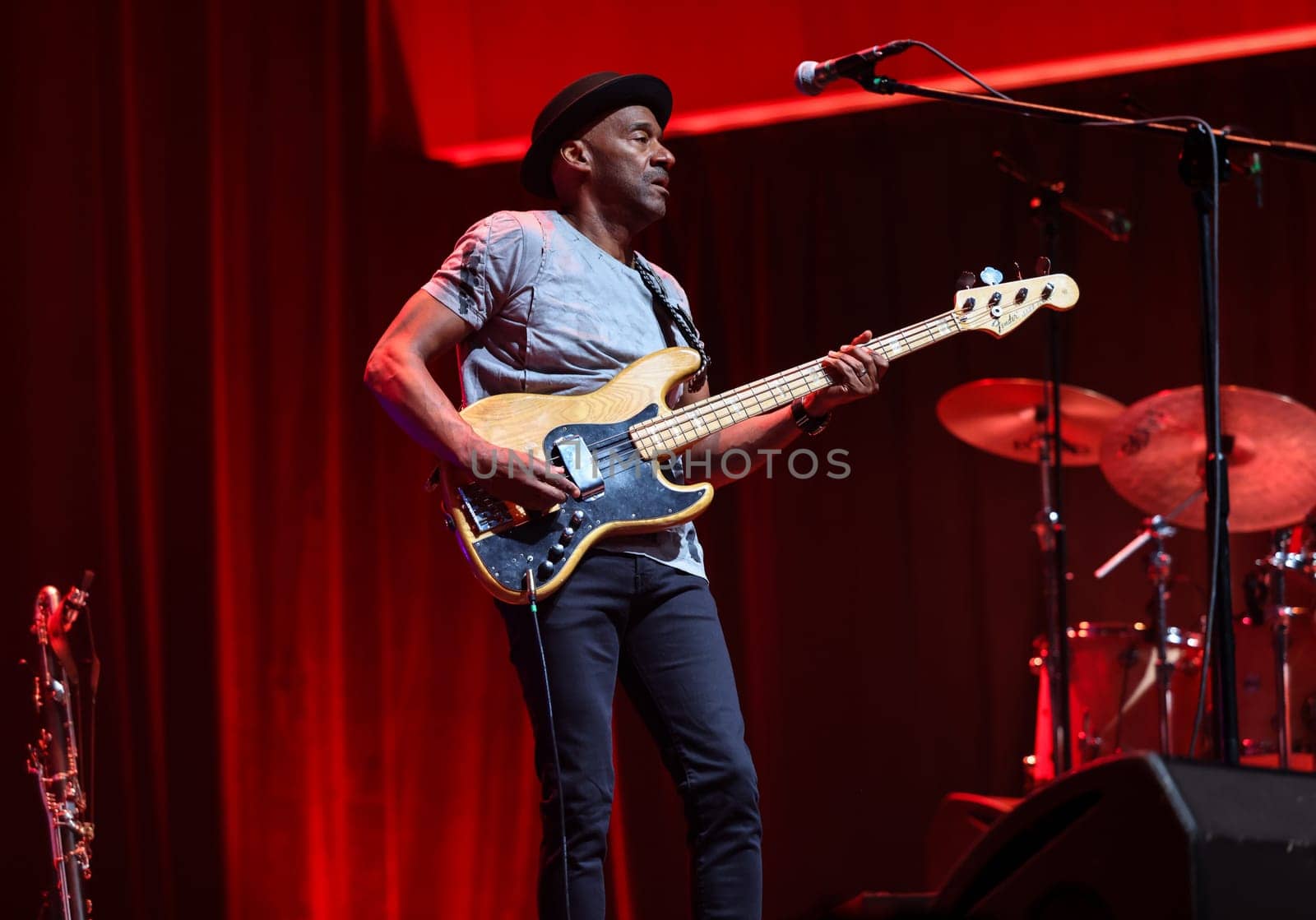 Cracow, Poland - July 17, 2023: Marcus Miller European Tour 2023 on stage in Congress Centre ICE Cracow at the 28th Summer Jazz Festival in Krakow.