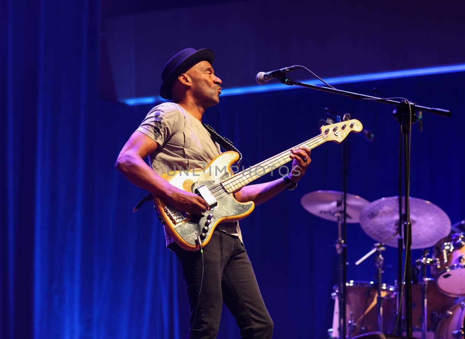 Cracow, Poland - July 17, 2023: Marcus Miller European Tour 2023 on stage in Congress Centre ICE Cracow at the 28th Summer Jazz Festival in Krakow.