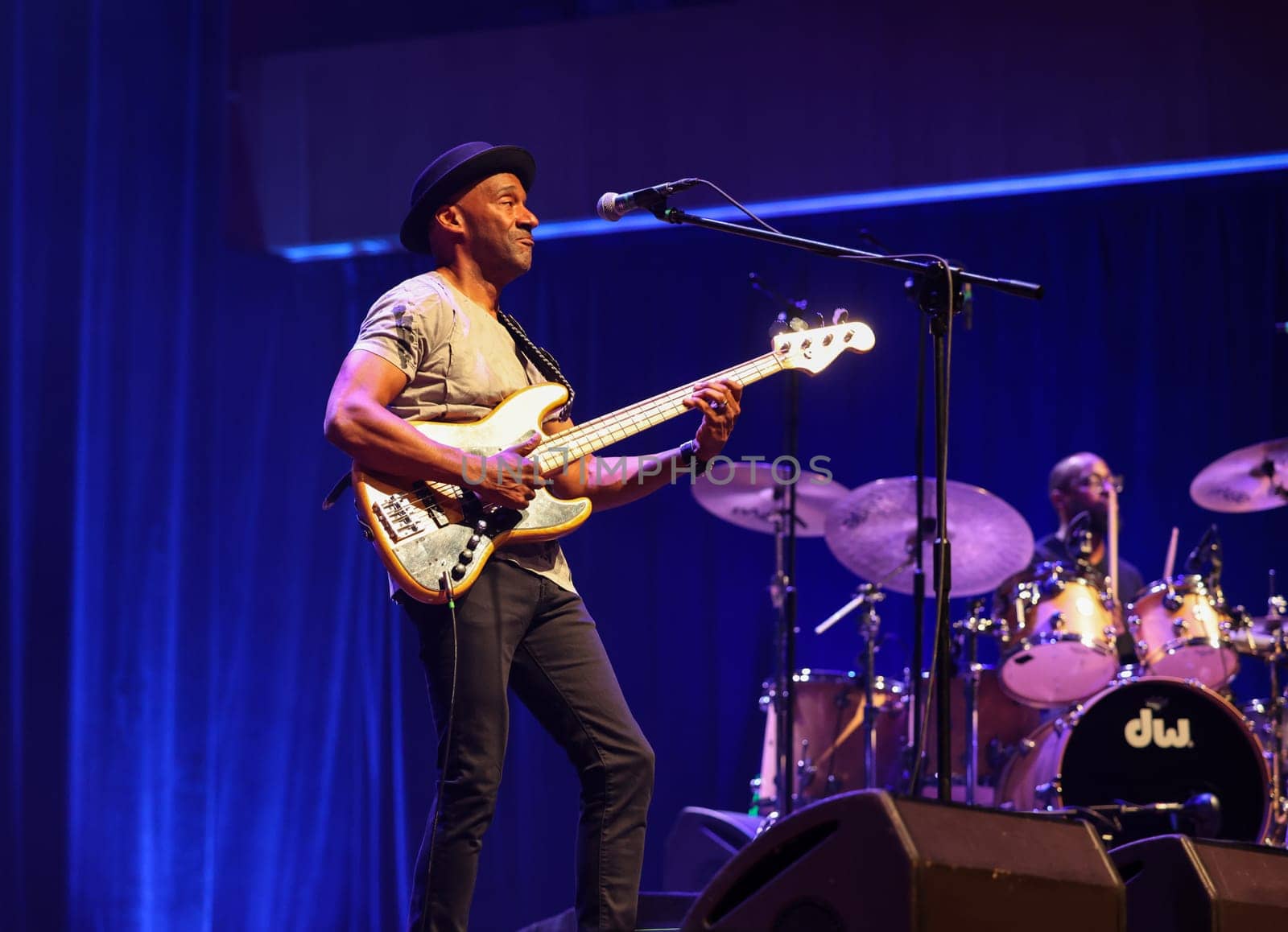Cracow, Poland - July 17, 2023: Marcus Miller European Tour 2023 on stage in Congress Centre ICE Cracow at the 28th Summer Jazz Festival in Krakow.