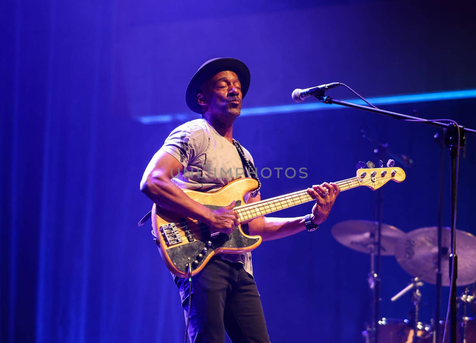 Cracow, Poland - July 17, 2023: Marcus Miller European Tour 2023 on stage in Congress Centre ICE Cracow at the 28th Summer Jazz Festival in Krakow.