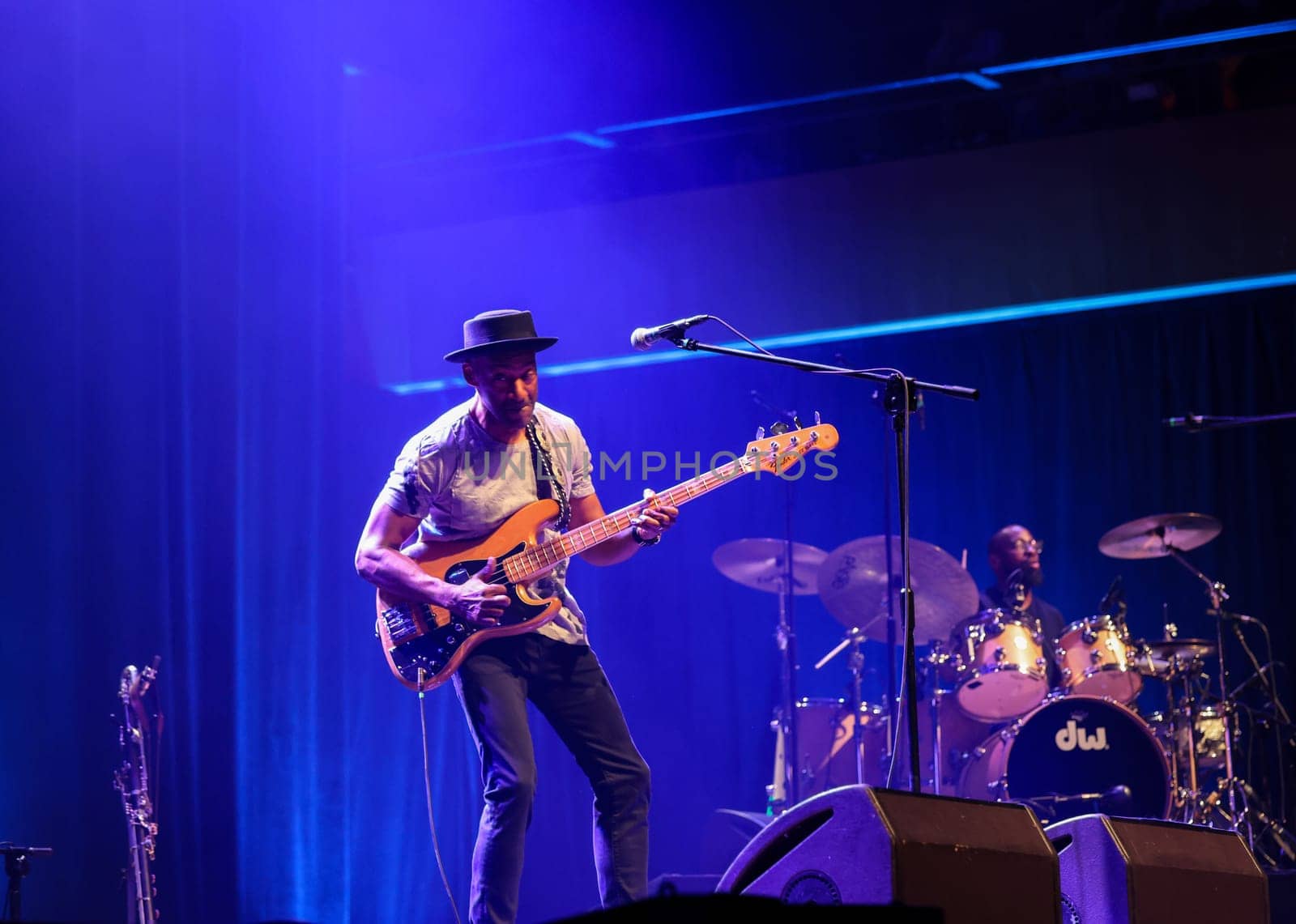 Cracow, Poland - July 17, 2023: Marcus Miller European Tour 2023 on stage in Congress Centre ICE Cracow at the 28th Summer Jazz Festival in Krakow.
