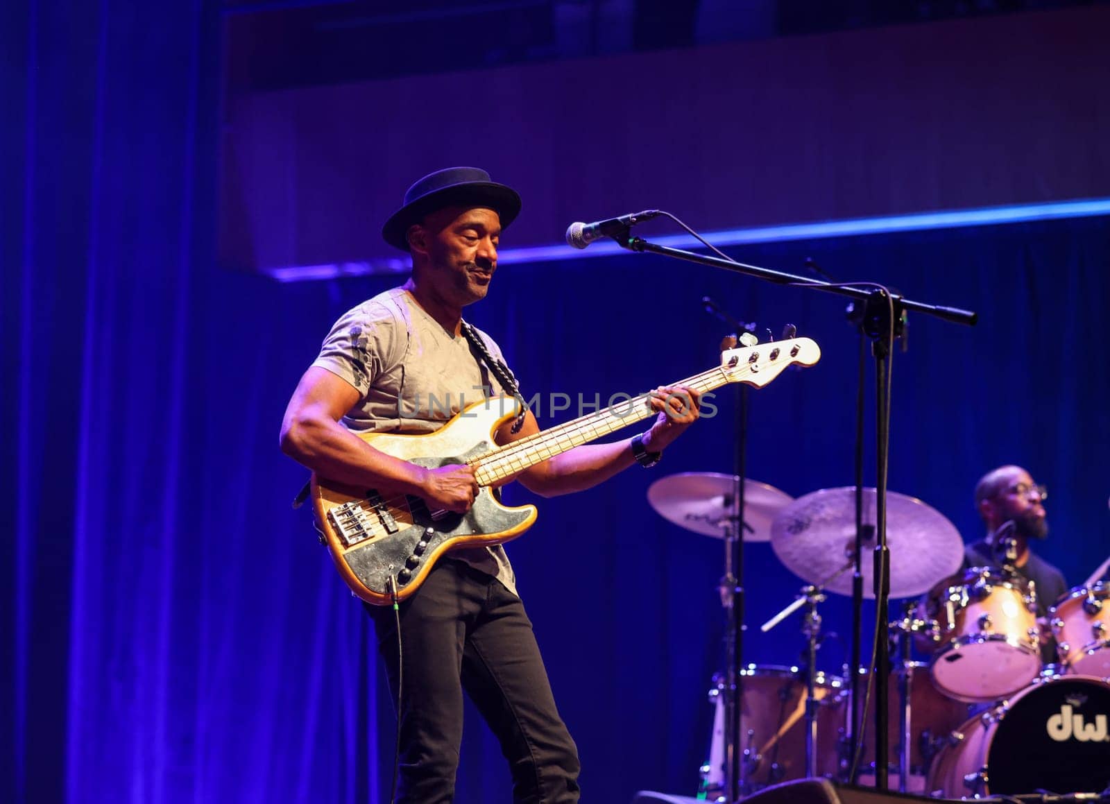 Cracow, Poland - July 17, 2023: Marcus Miller European Tour 2023 on stage in Congress Centre ICE Cracow at the 28th Summer Jazz Festival in Krakow.