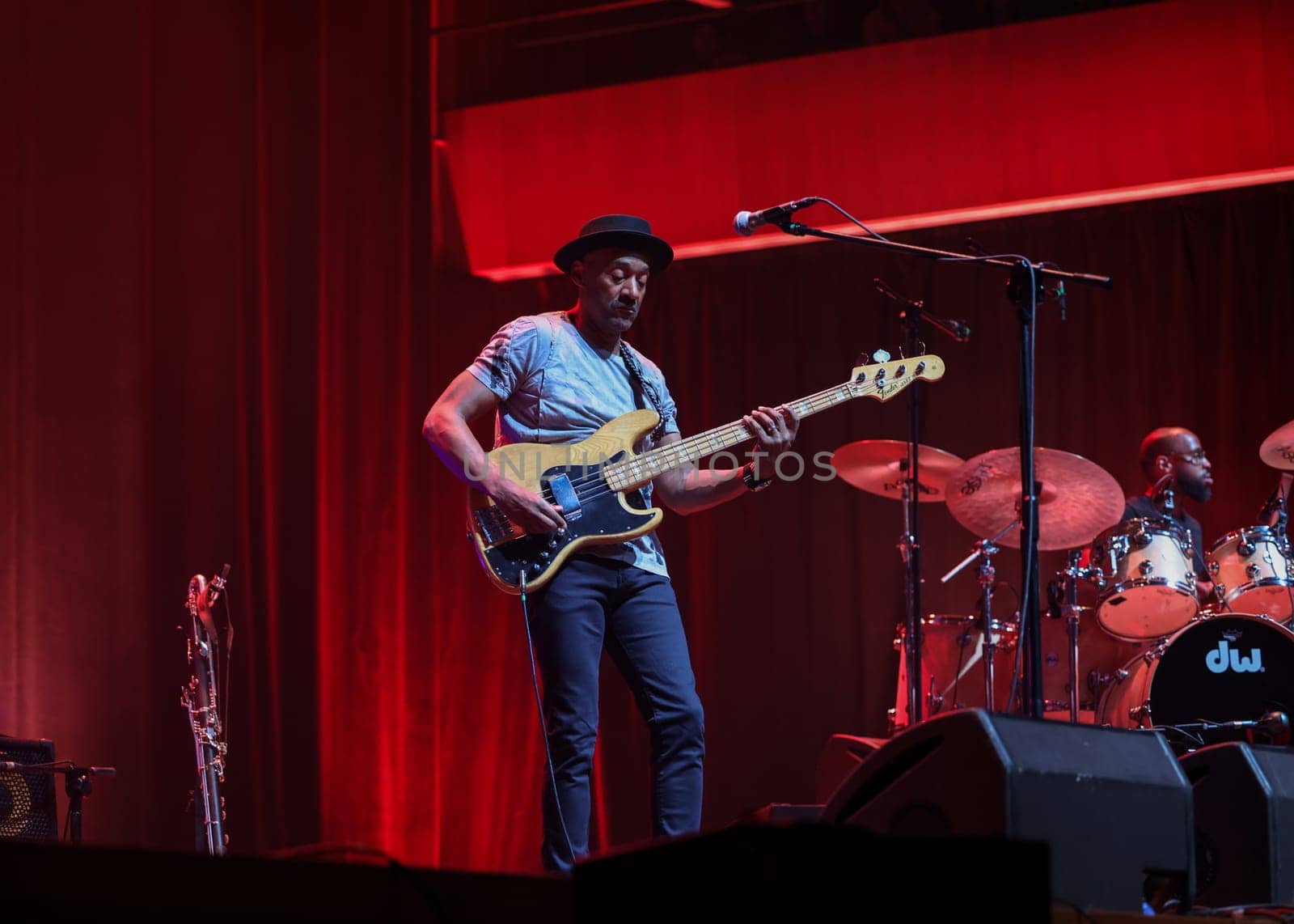 Cracow, Poland - July 17, 2023: Marcus Miller European Tour 2023 on stage in Congress Centre ICE Cracow at the 28th Summer Jazz Festival in Krakow.