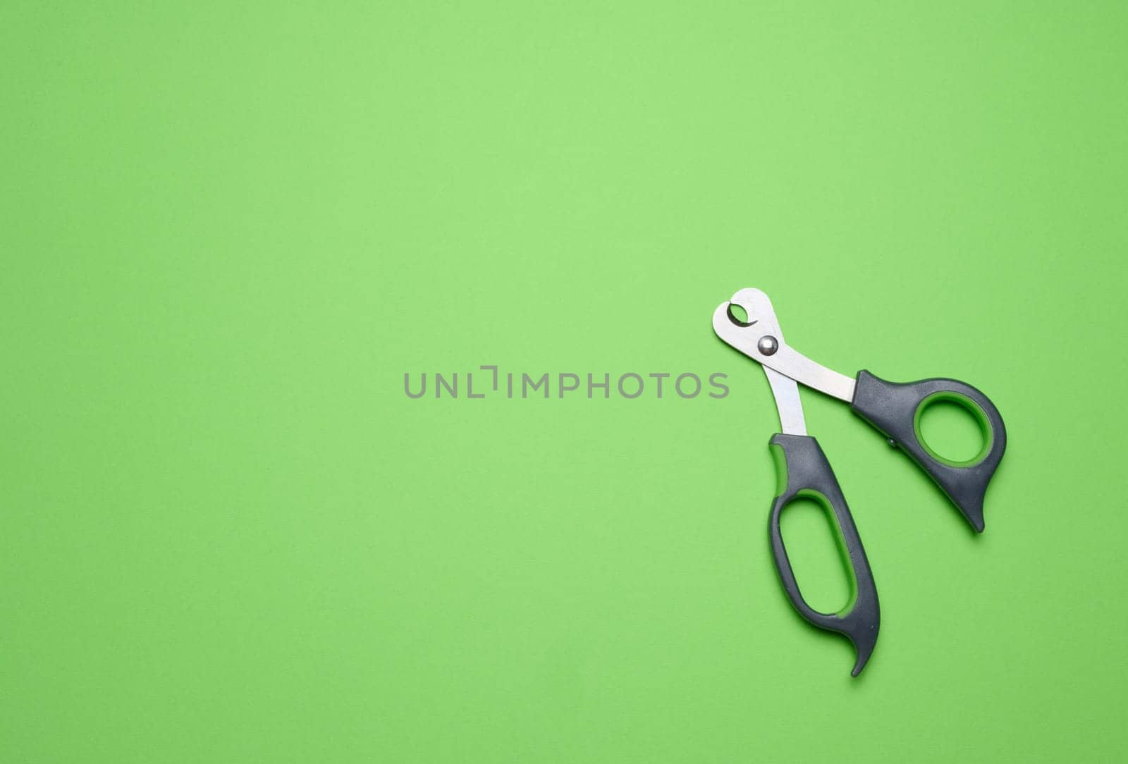 Scissors for trimming the claws of animals on a green background, top view