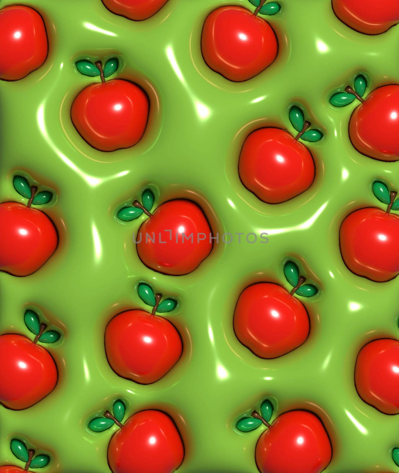 Red apples with green leaves on a green background, 3D rendering illustration