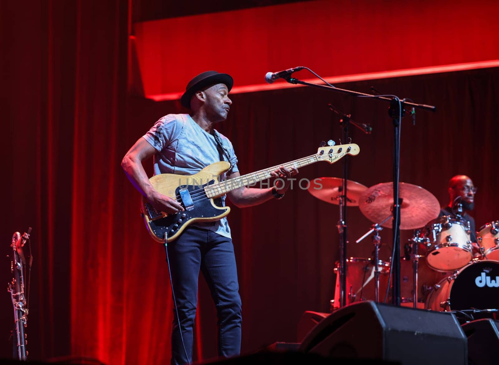 Cracow, Poland - July 17, 2023: Marcus Miller European Tour 2023 on stage in Congress Centre ICE Cracow at the 28th Summer Jazz Festival in Krakow.