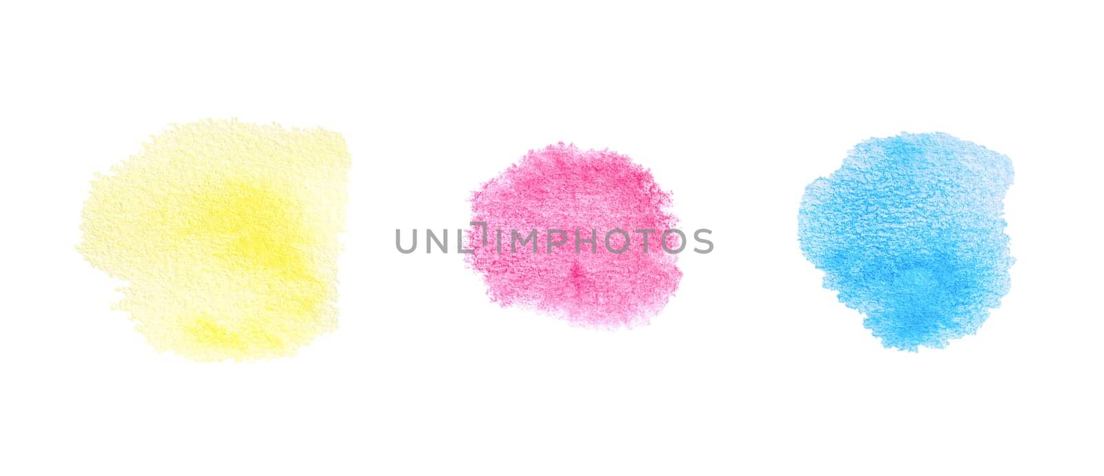 Spot watercolor of yellow, magenta and cyan color texture isolated on white background