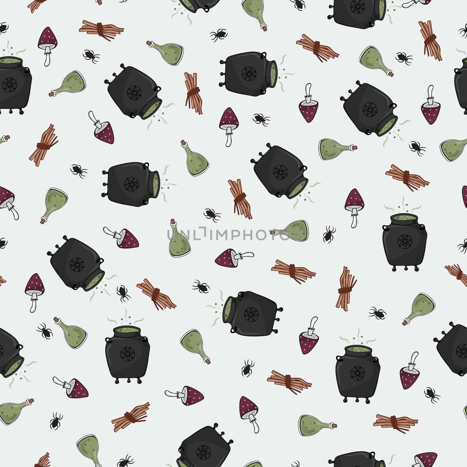 Seamless pattern with witch paraphernalia. For textile, wrapping paper, posters and decoration on Halloween.