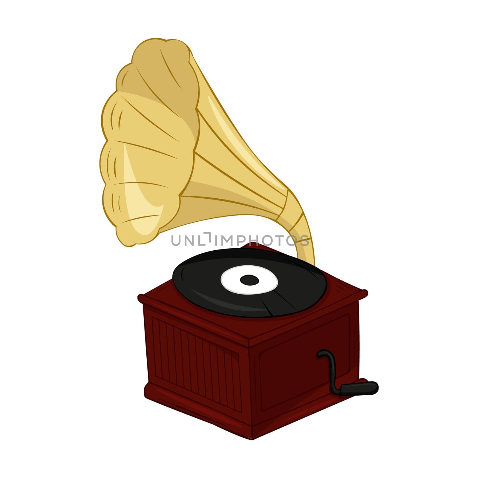 Vintage gramophone with vinyl recording on disc. Gramophone vinyls records retro player isolated on white background